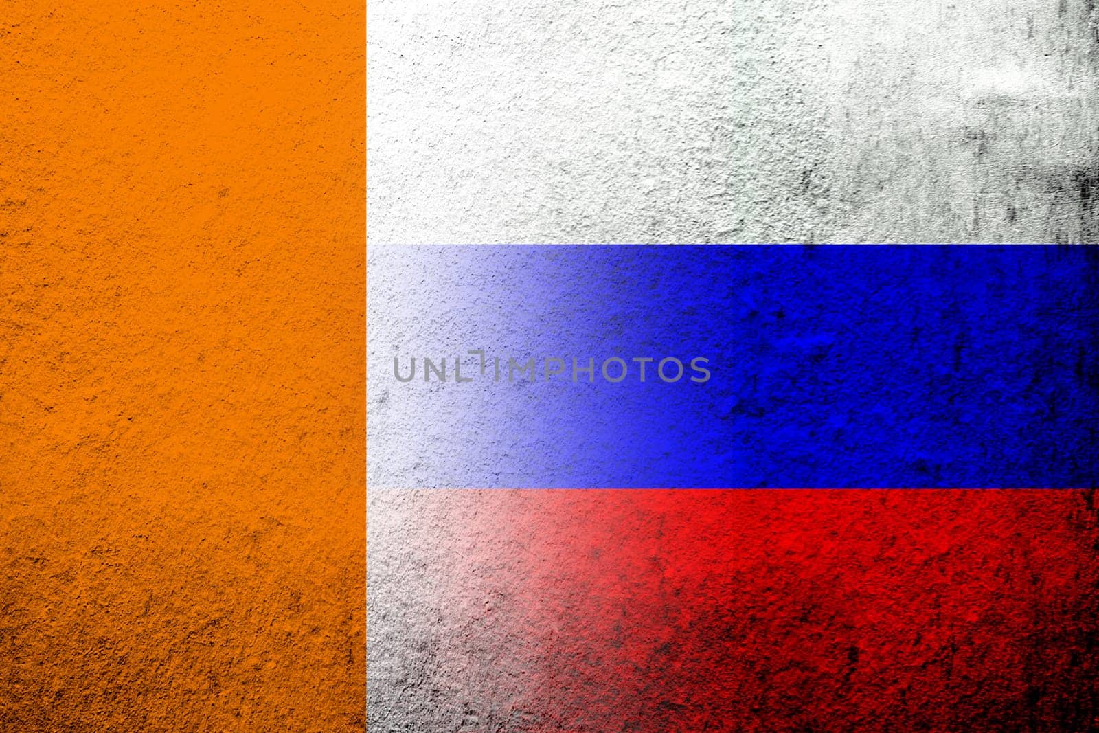 National flag of Russian Federation with Ivory Coast National flag. Grunge background