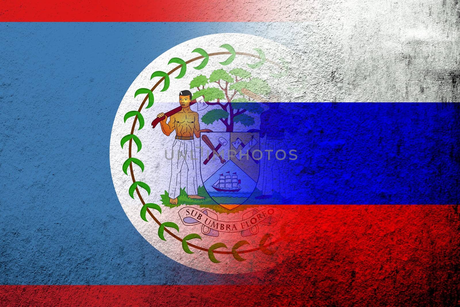 National flag of Russian Federation with National flag of Belize. Grunge background