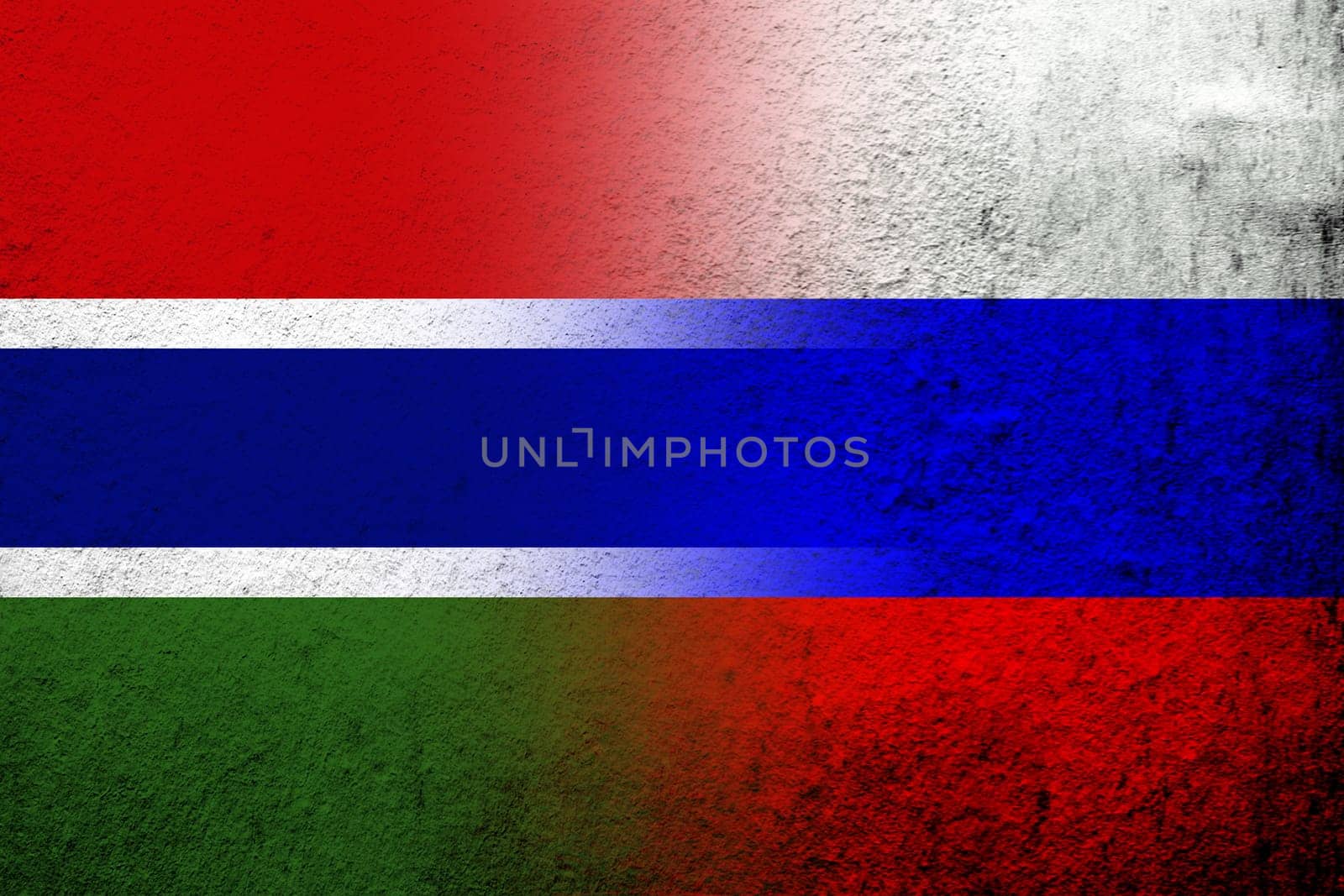 National flag of Russian Federation with The Republic of The Gambia National flag. Grunge background