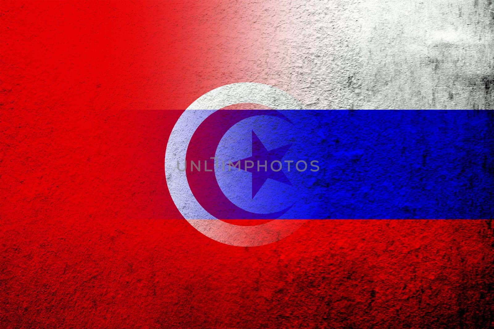 National flag of Russian Federation with The Republic of Tunisia National flag. Grunge background