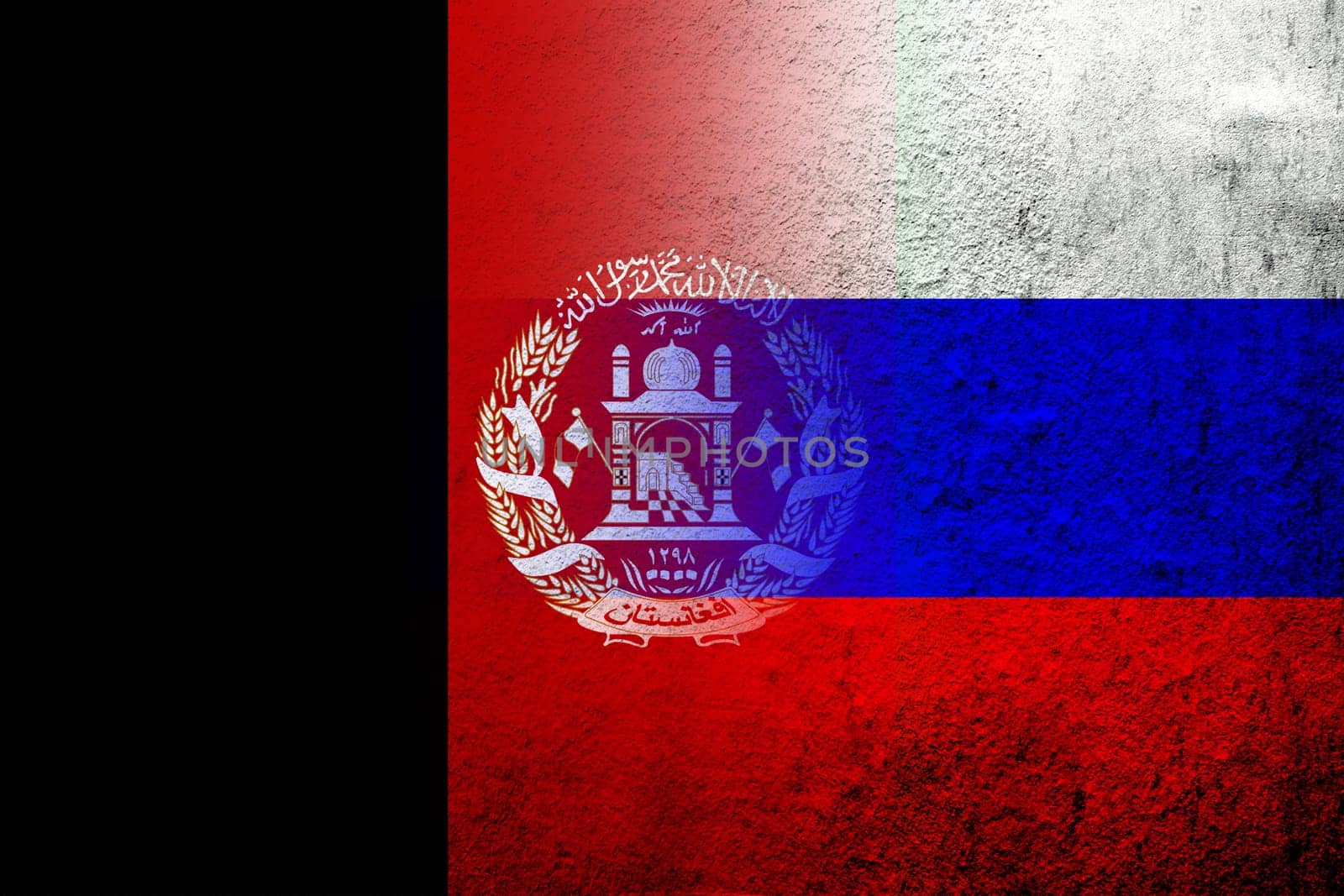 National flag of Russian Federation with Islamic Republic of Afghanistan national flag. Grunge background