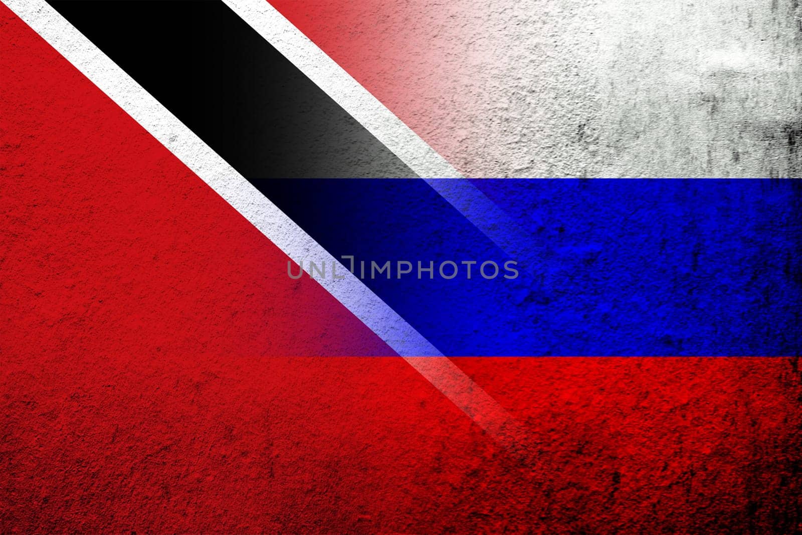 National flag of Russian Federation with The Republic of Trinidad and Tobago National flag. Grunge background