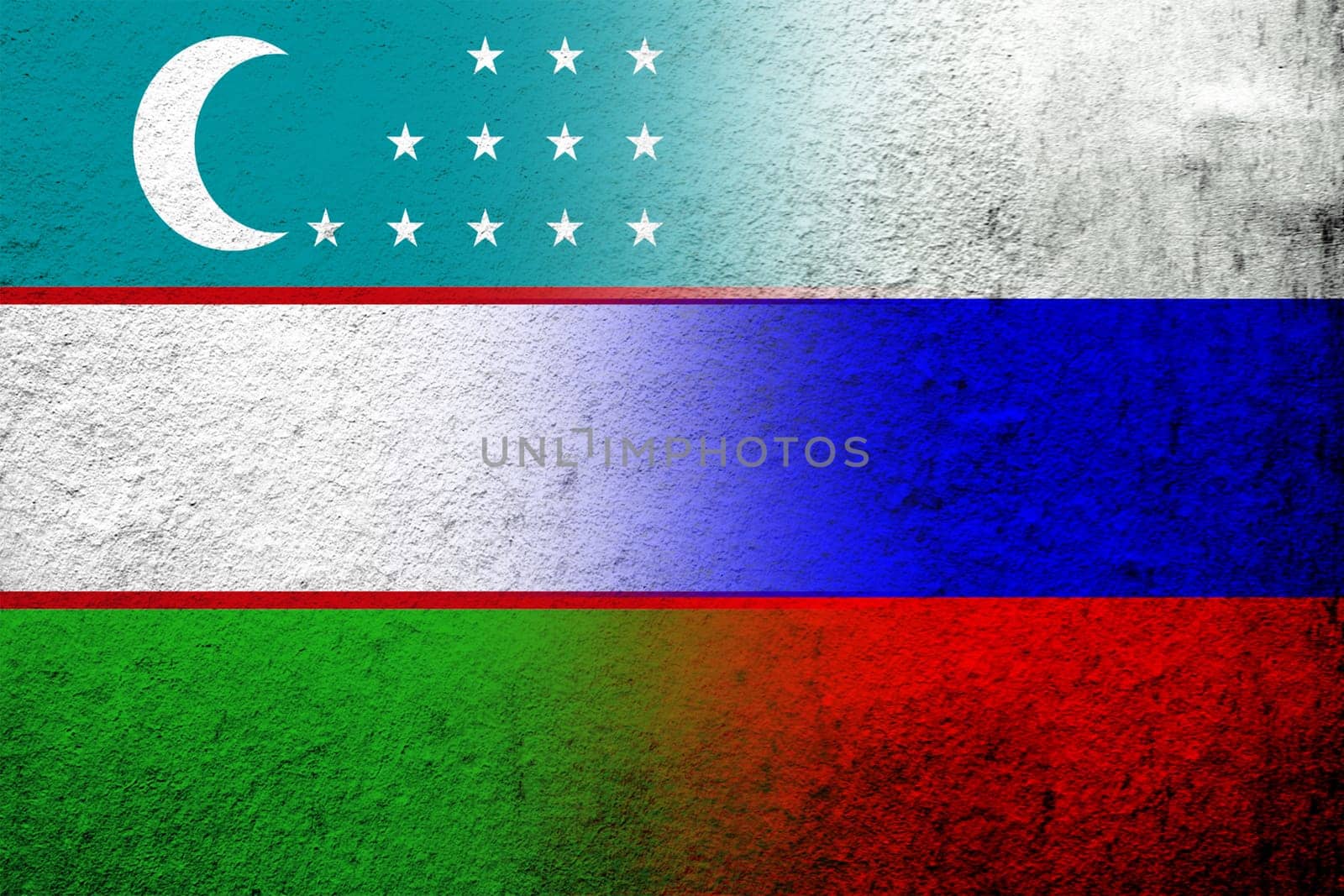 National flag of Russian Federation with The Republic of Uzbekistan National flag. Grunge background
