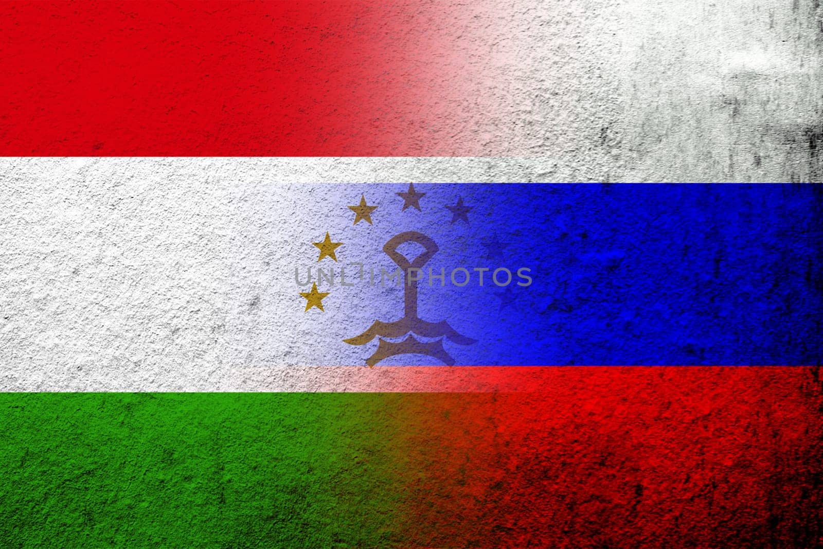 National flag of Russian Federation with The Republic of Tajikistan National flag. Grunge background