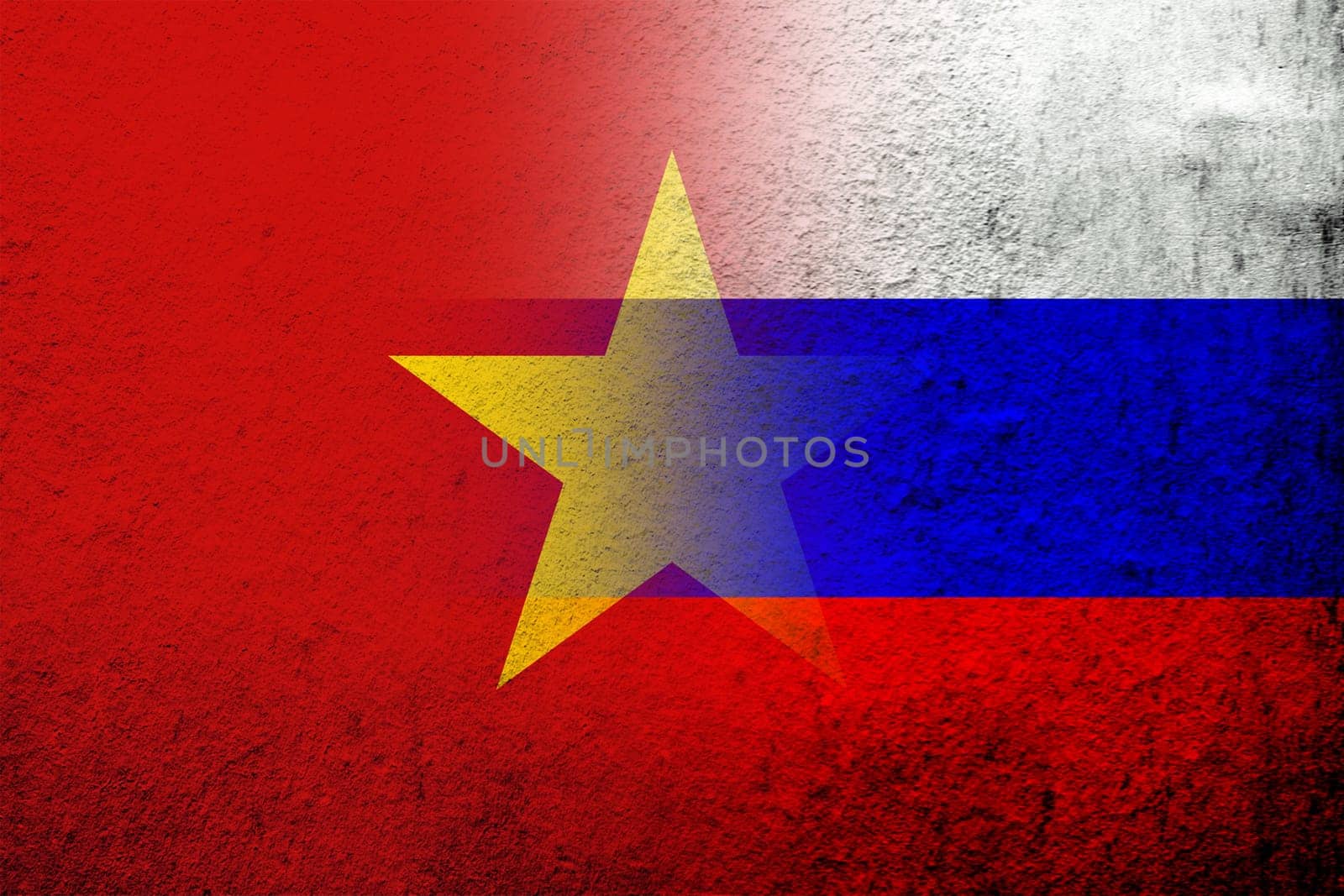 National flag of Russian Federation with The Socialist Republic of Vietnam National flag. Grunge background