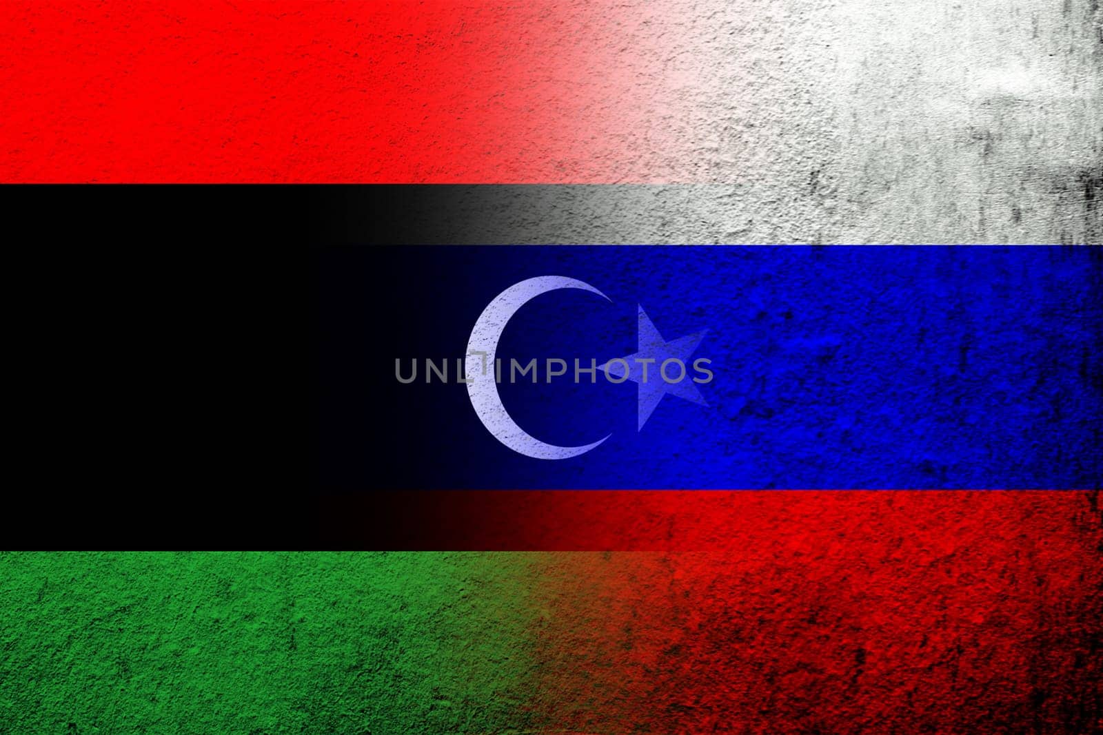 National flag of Russian Federation with The State of Libya National flag. Grunge background