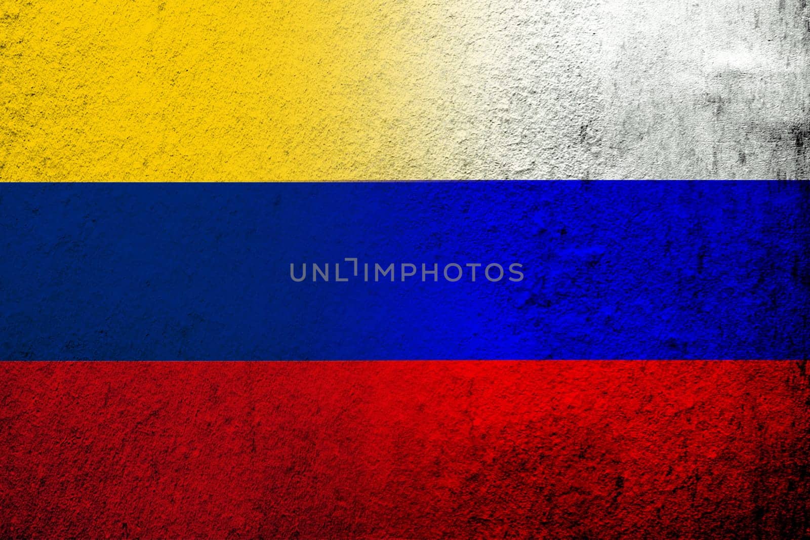 National flag of Russian Federation with National flag of Colombia. Grunge background