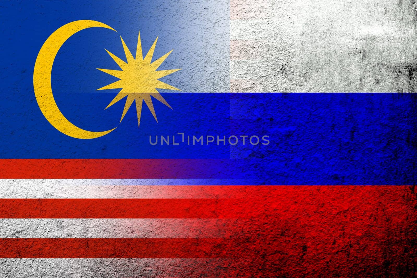 National flag of Russian Federation with National flag of Malaysia. Grunge background