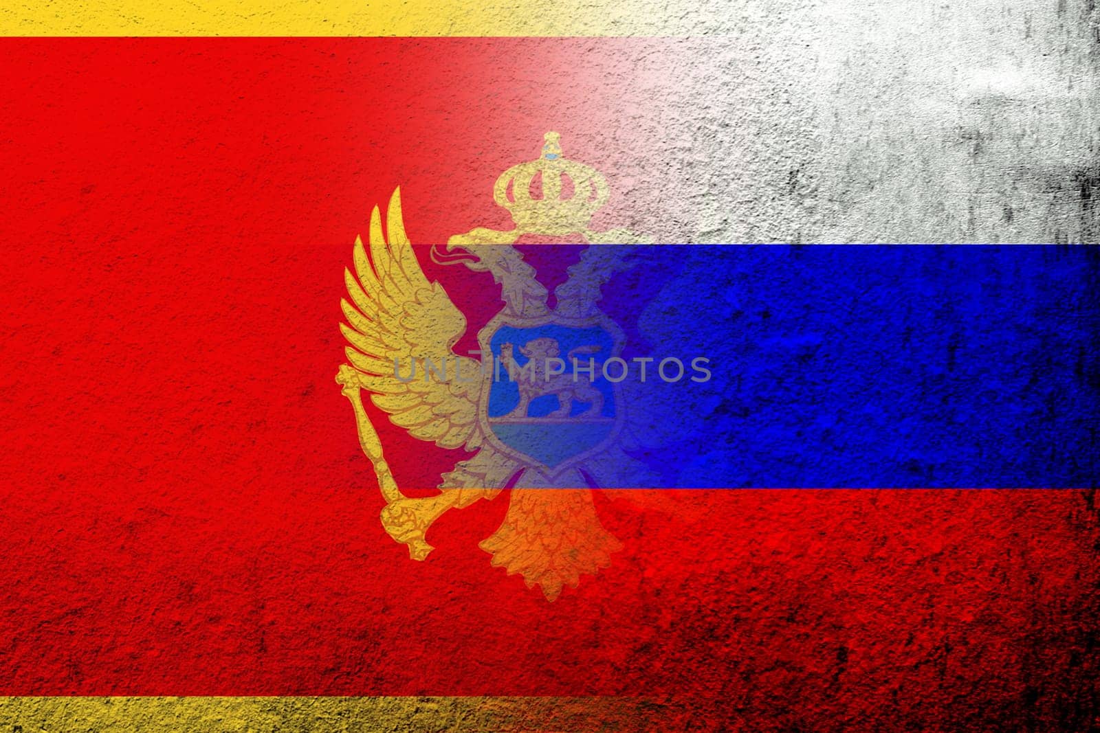 National flag of Russian Federation with National flag of Montenegro. Grunge background