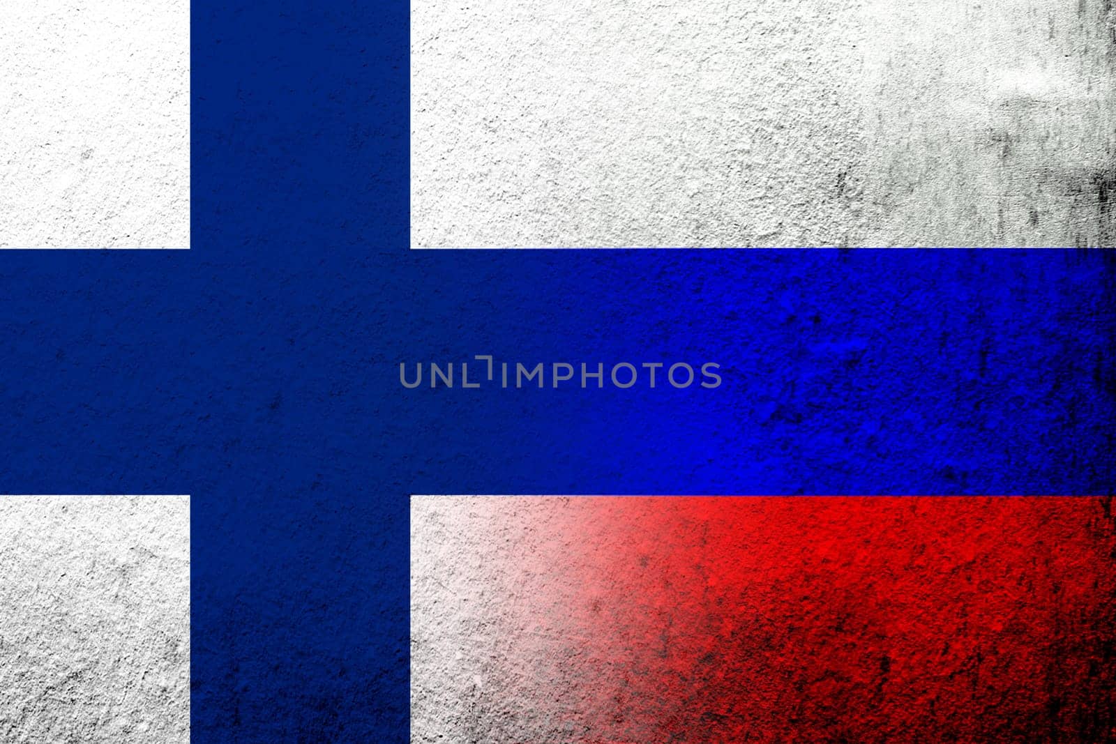 National flag of Russian Federation with National flag of Finland. Grunge background