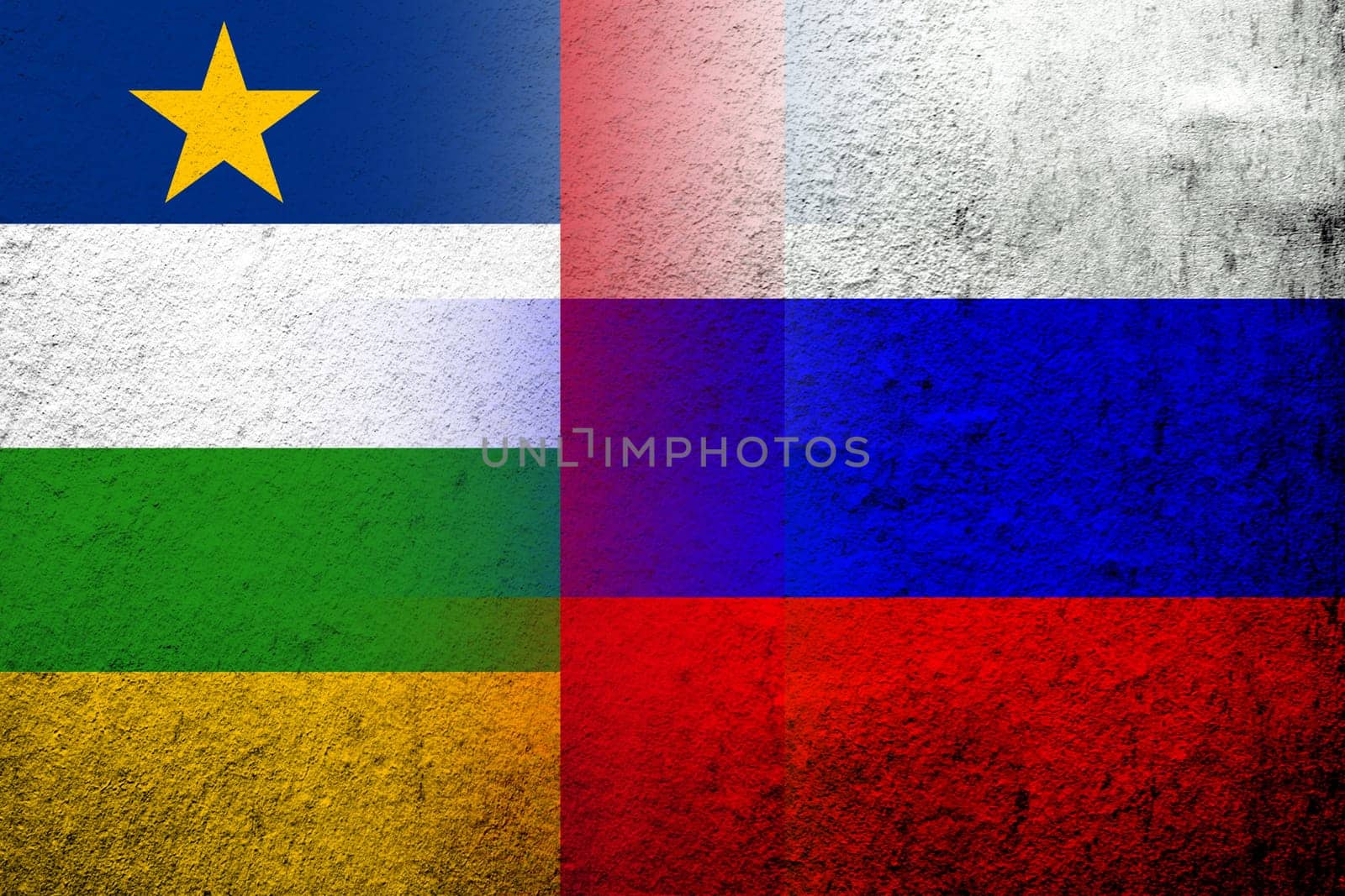 National flag of Russian Federation with National flag of Central African Republic. Grunge background