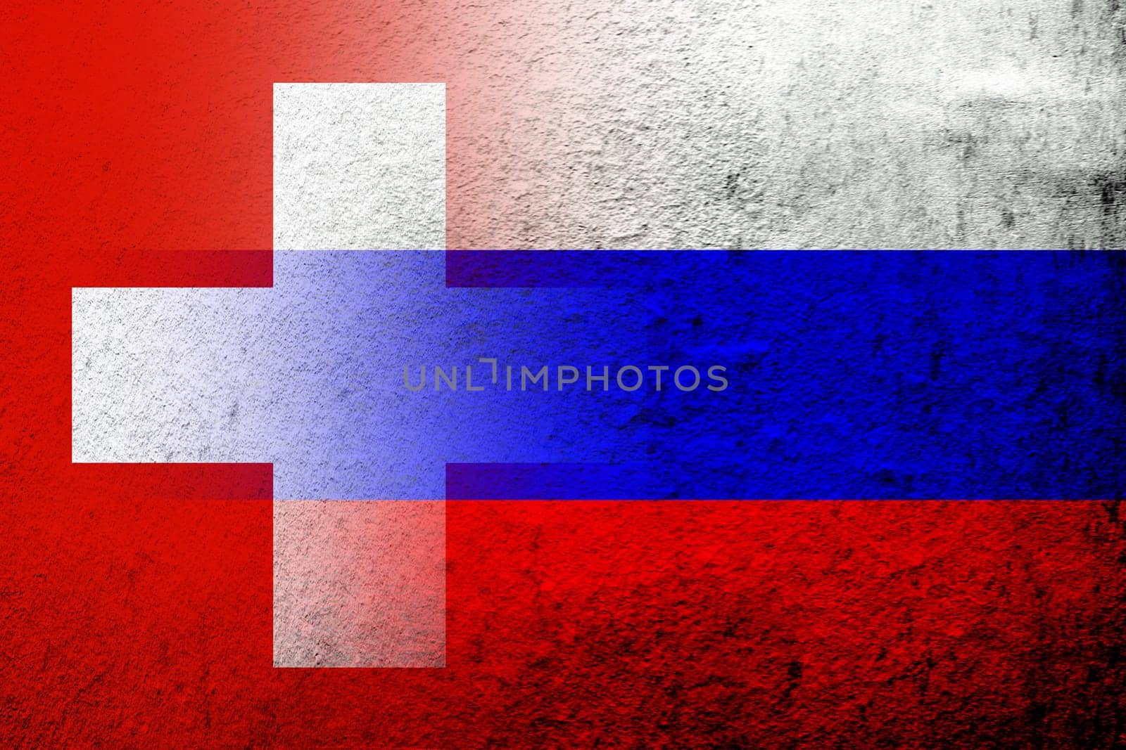 National flag of Russian Federation with National flag of Switzerland. Grunge background