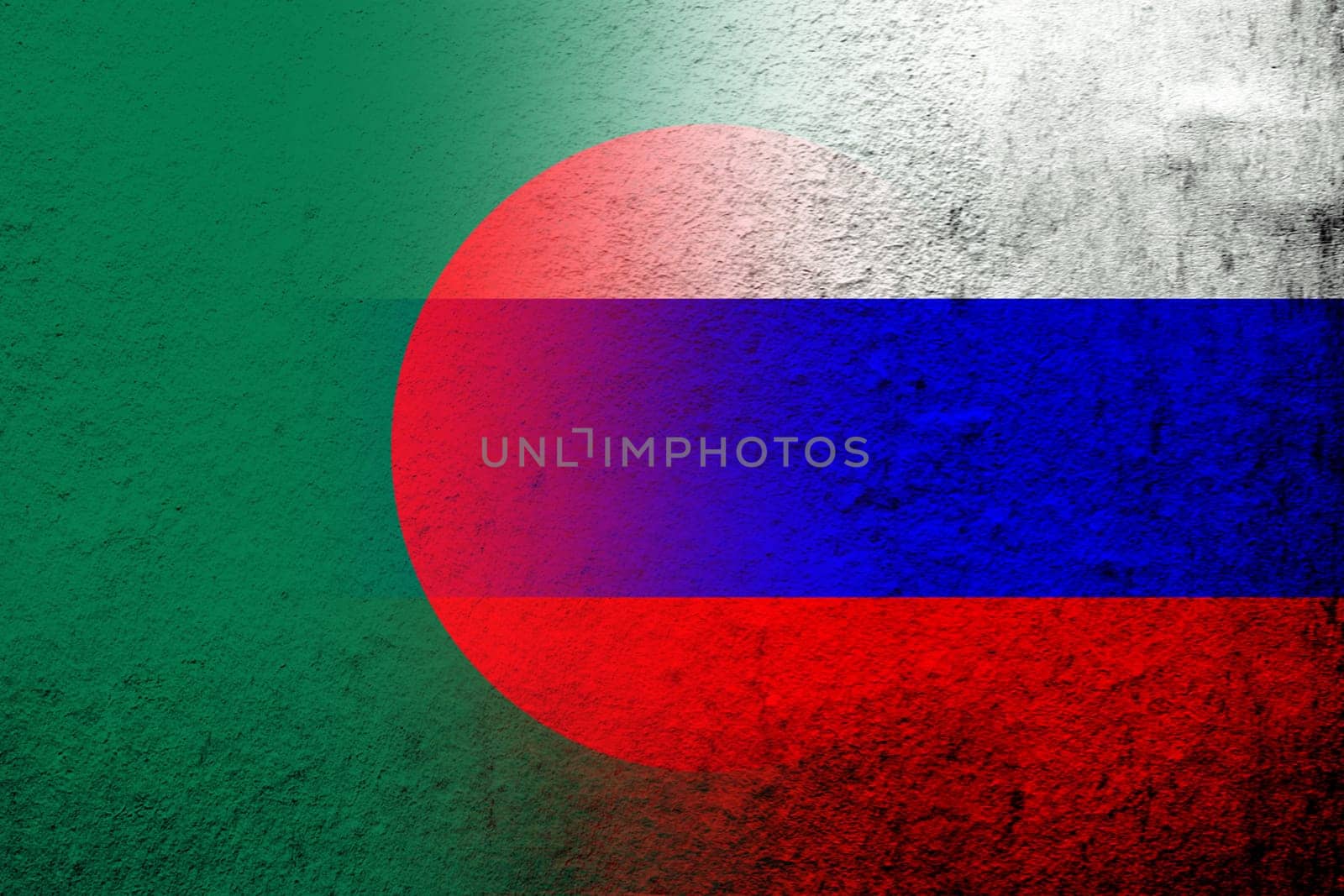 National flag of Russian Federation with Peoples Republic of Bangladesh National flag. Grunge background