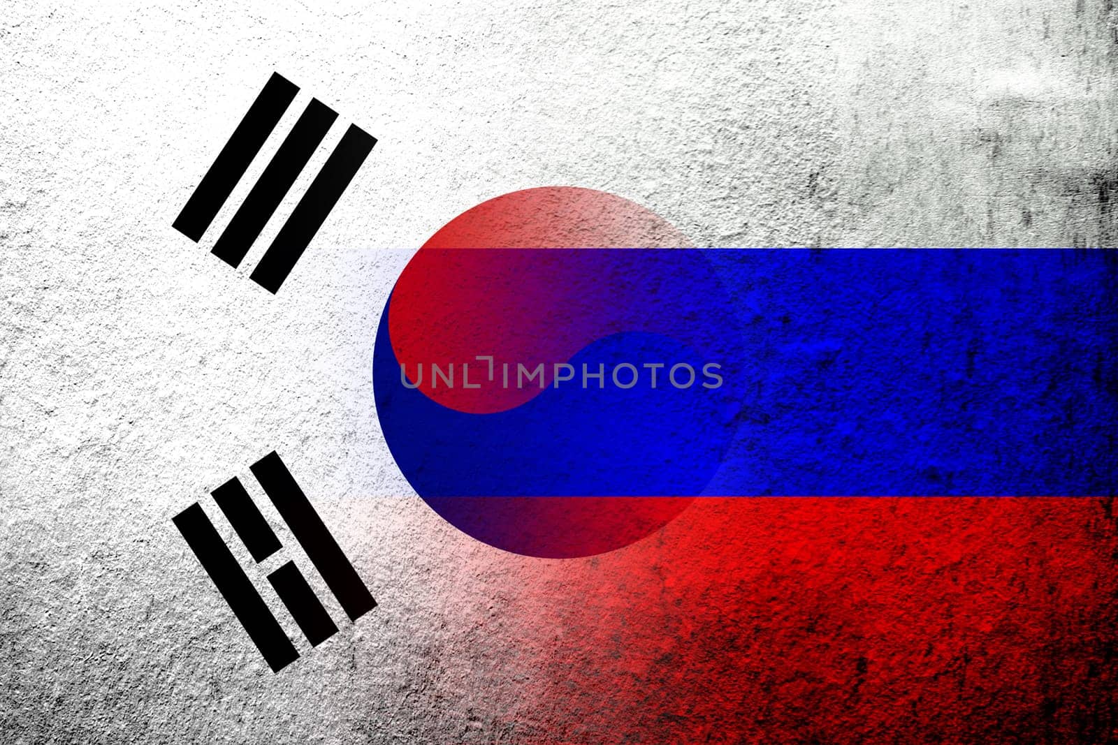 National flag of Russian Federation with National flag of South Korea. Grunge background