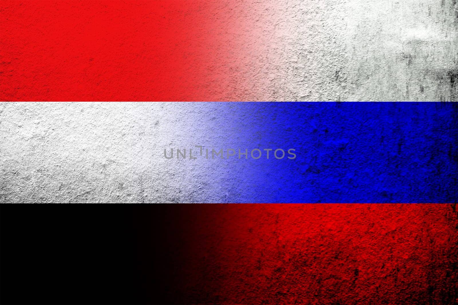National flag of Russian Federation with National flag of Yemen. Grunge background