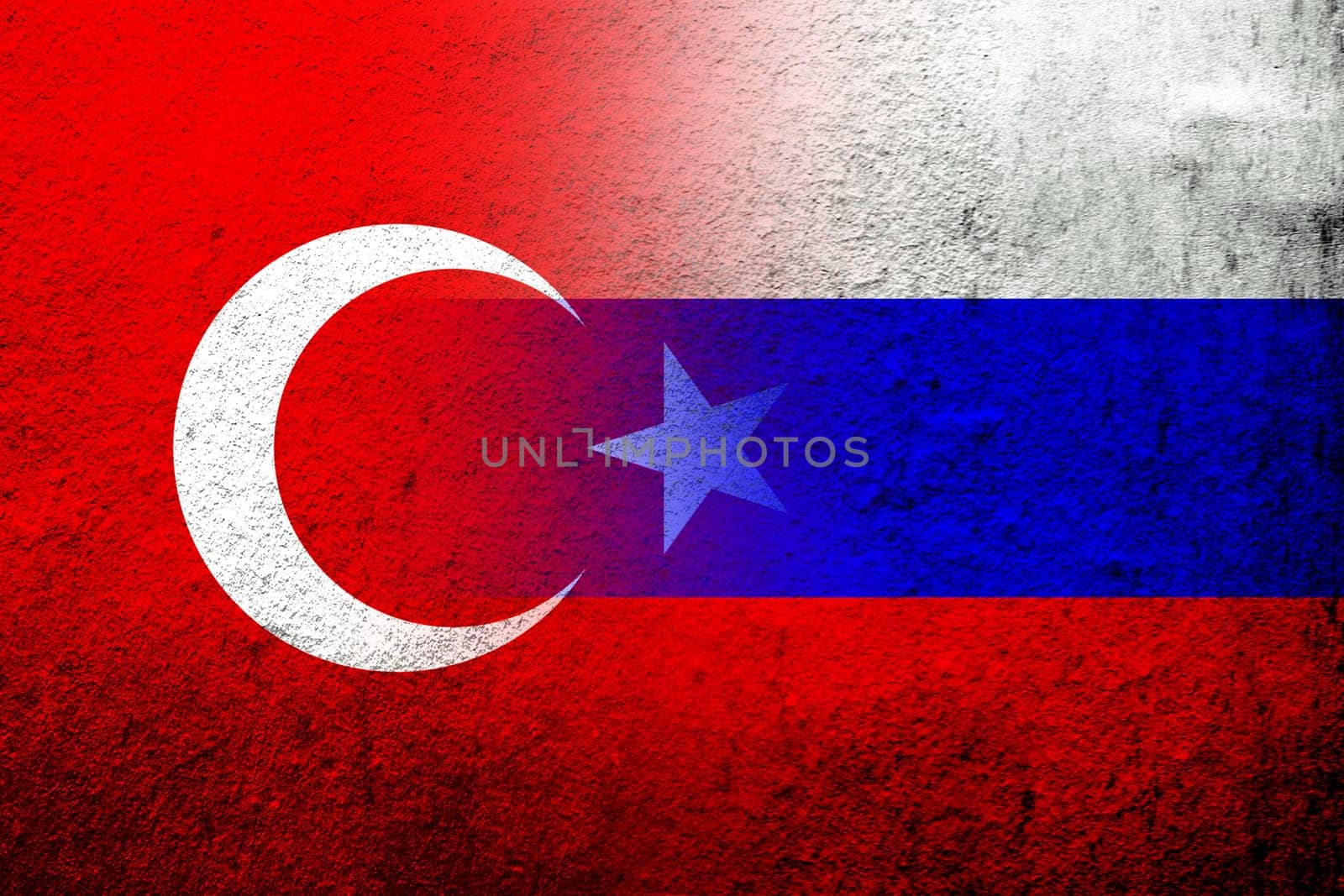 National flag of Russian Federation with National flag of Turkey. Grunge background