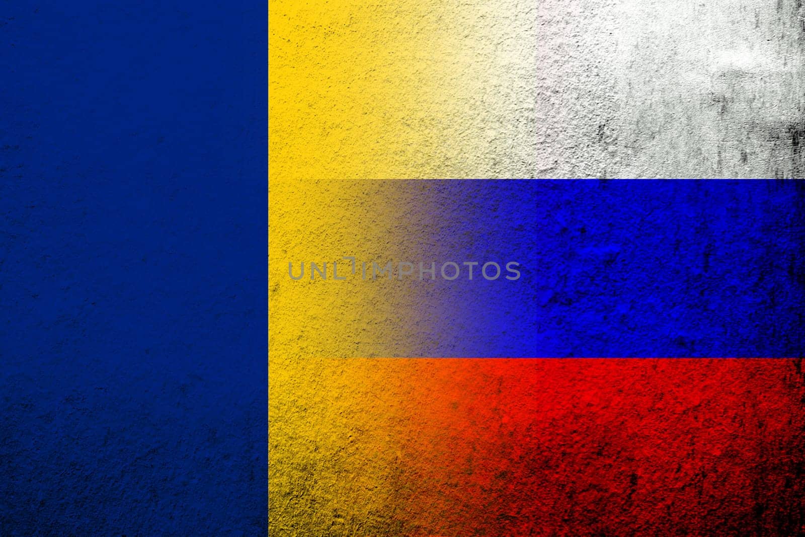 National flag of Russian Federation with National flag of Romania. Grunge background