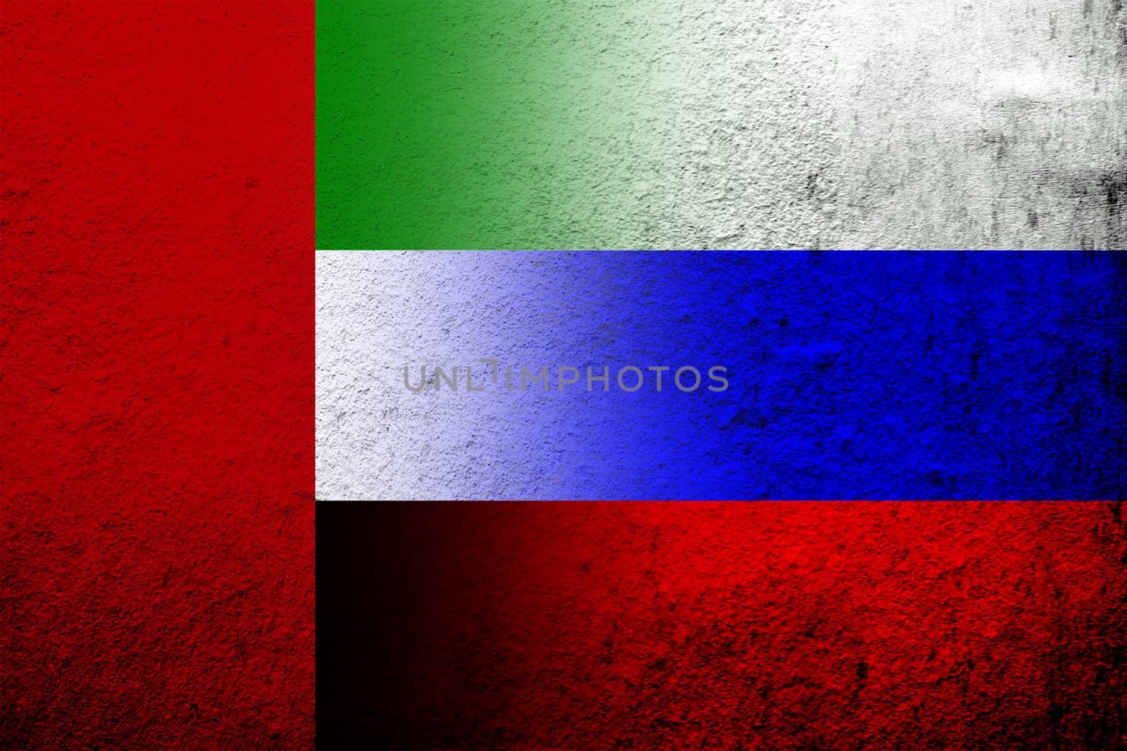 National flag of Russian Federation with National flag of United Arab Emirates. Grunge background