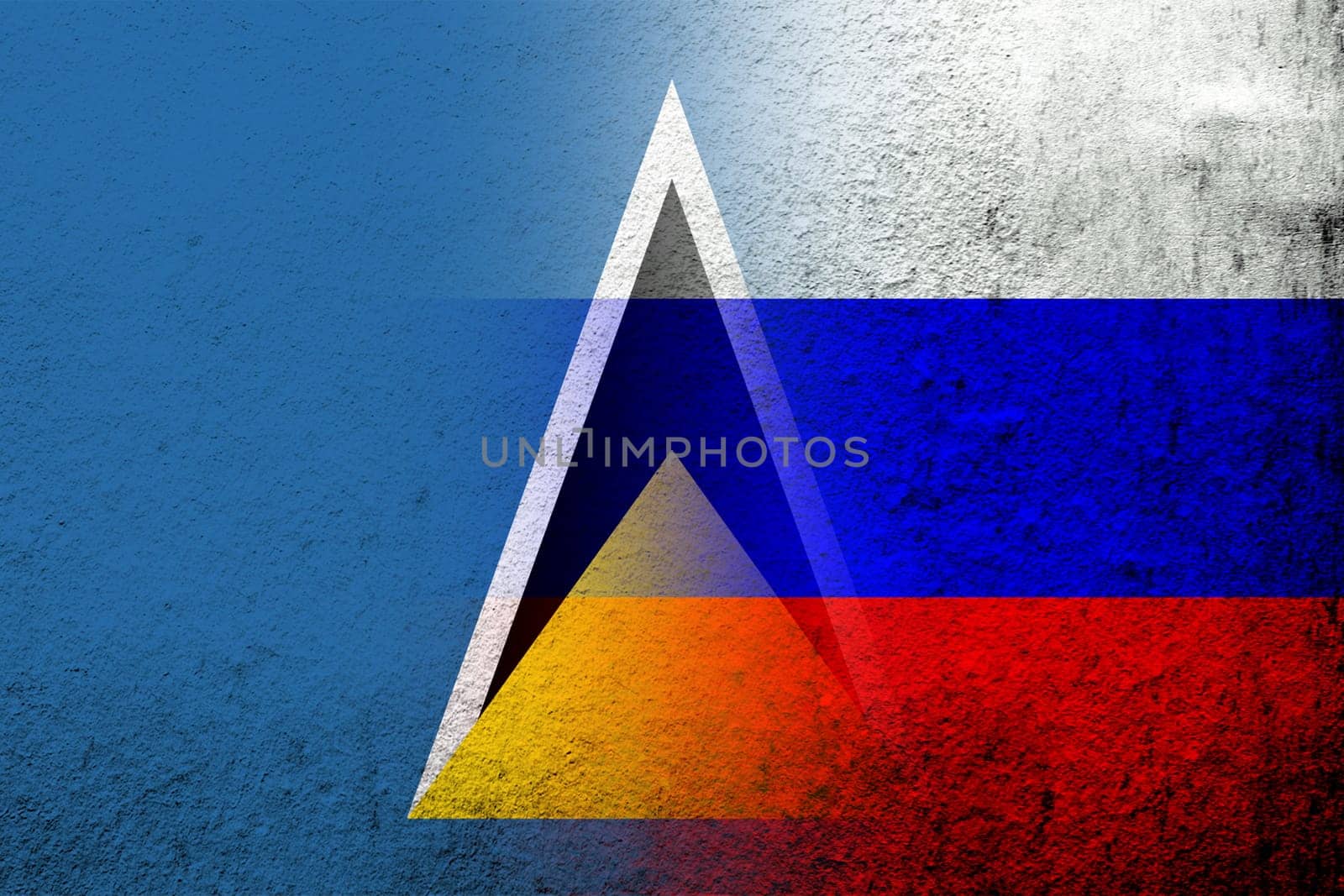 National flag of Russian Federation with National flag of Saint Lucia. Grunge background