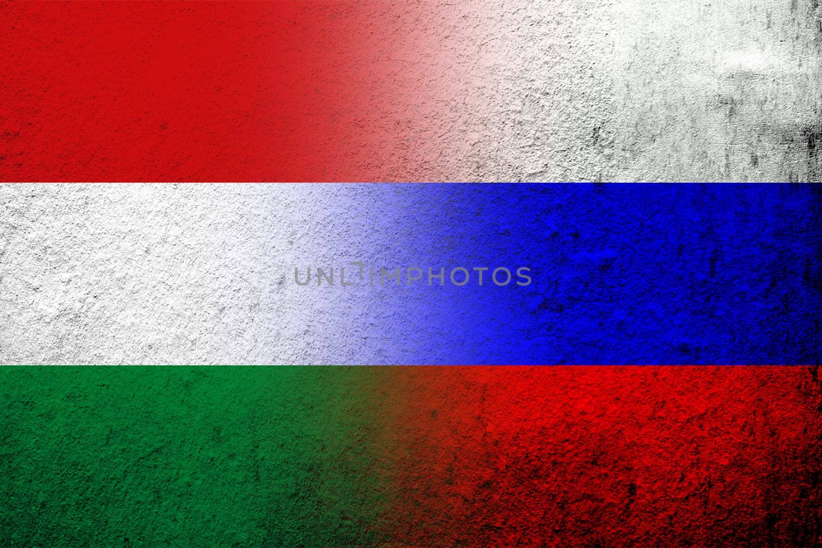 National flag of Russian Federation with National flag of Hungary. Grunge background