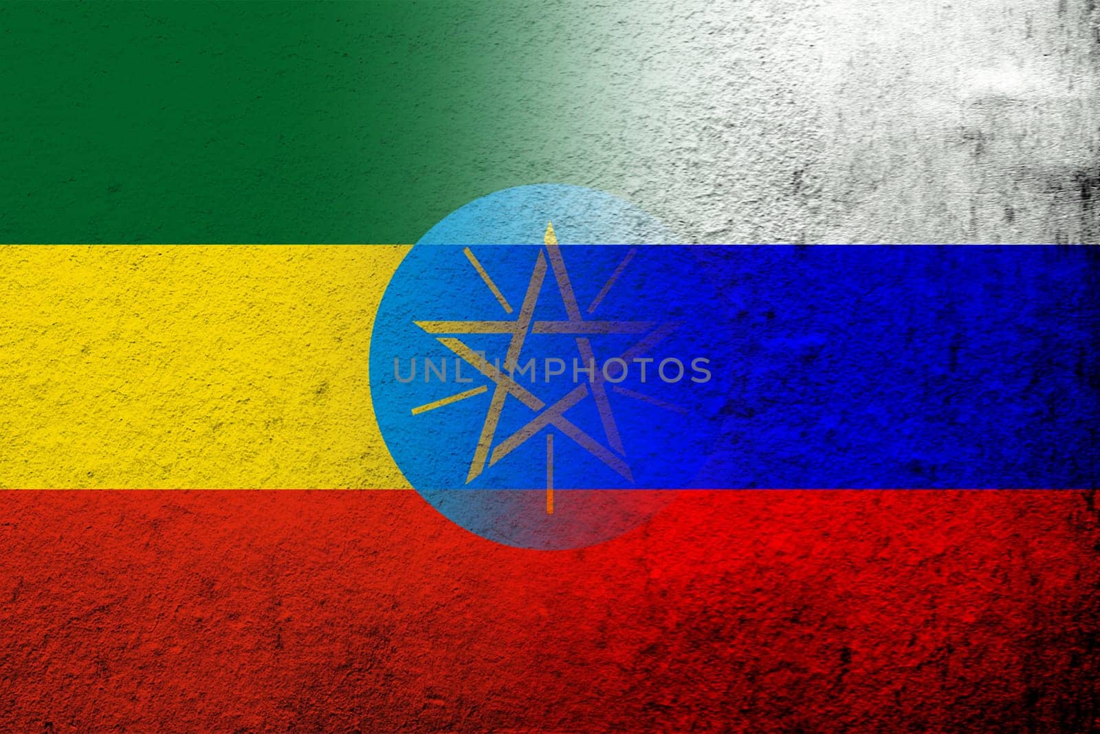 National flag of Russian Federation with Republic of Ethiopia National flag. Grunge background