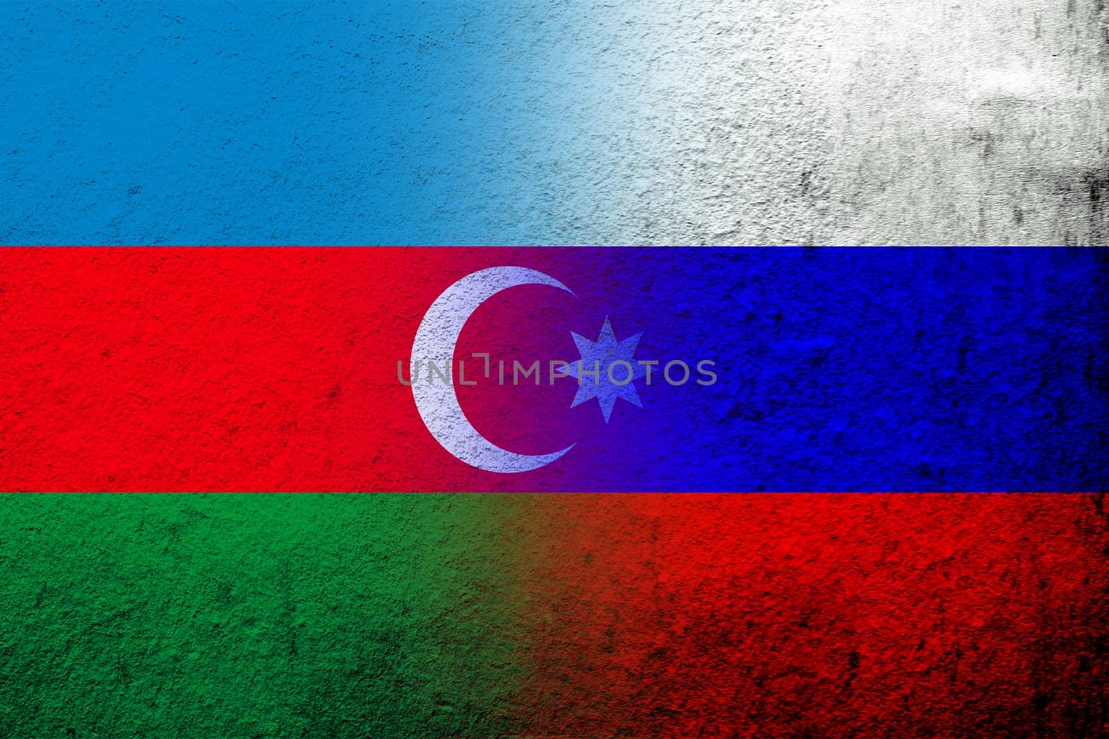 National flag of Russian Federation with Republic of Azerbaijan national flag. Grunge background