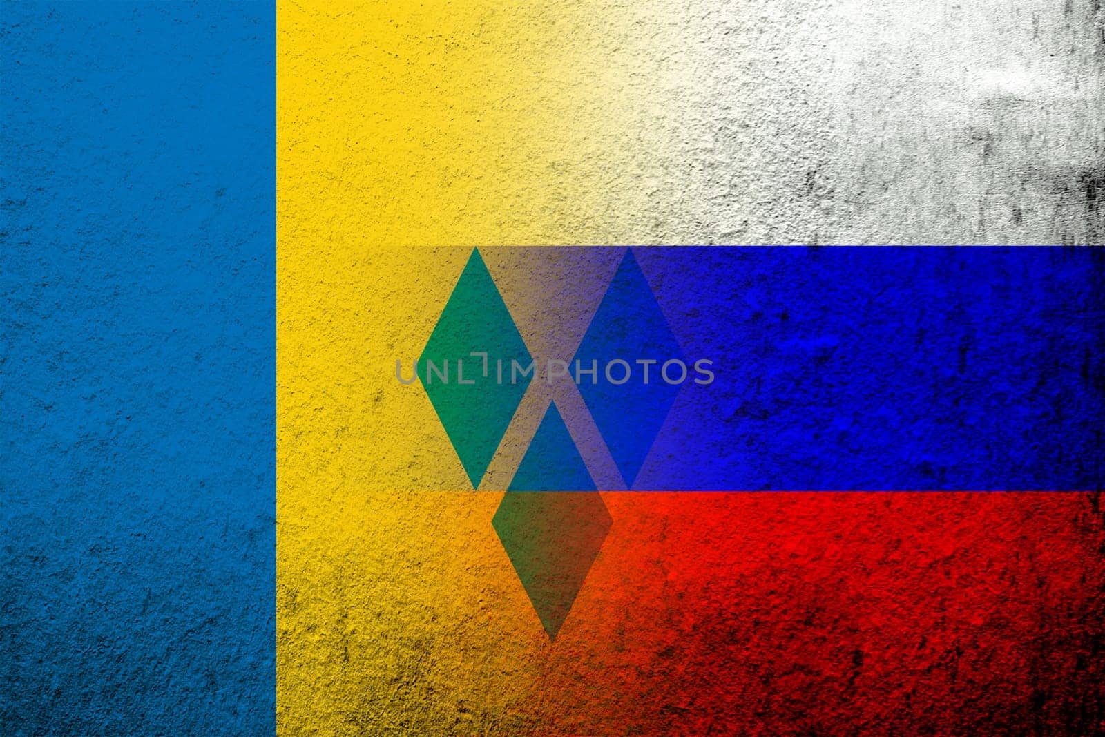 National flag of Russian Federation with National flag of Saint Vincent and the Grenadines. Grunge background