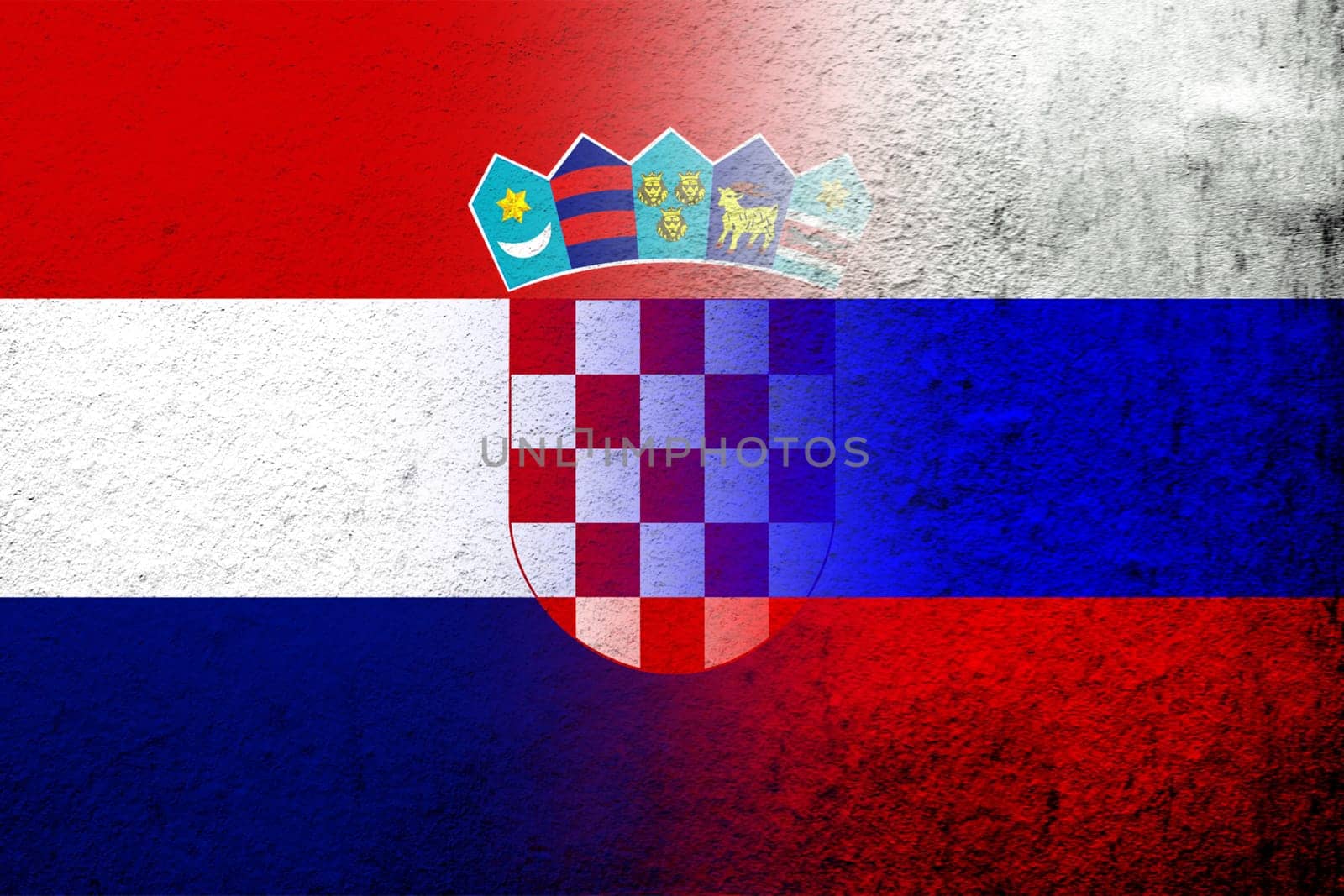 National flag of Russian Federation with Republic of Croatia National flag. Grunge background