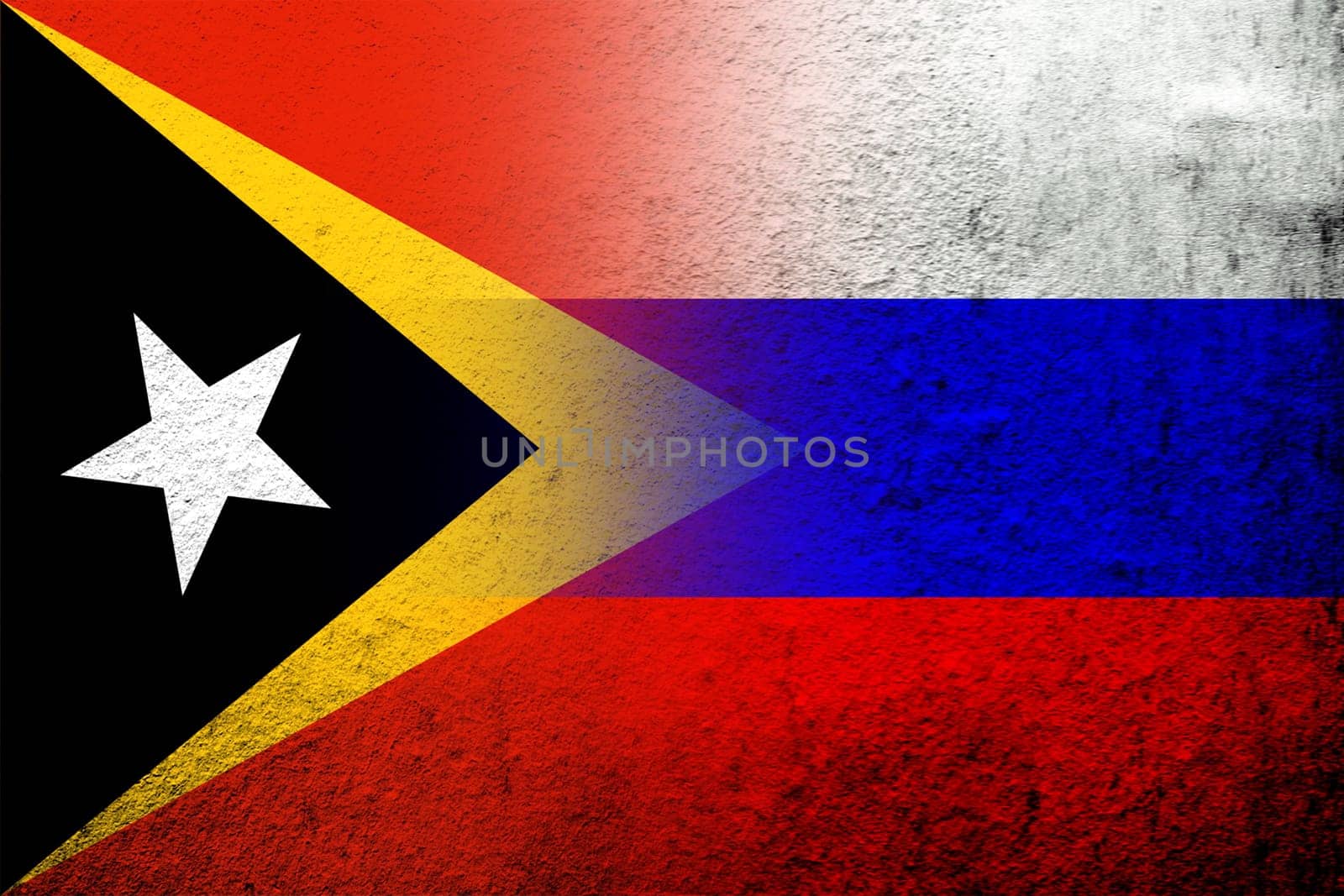 National flag of Russian Federation with The Democratic Republic of Timor-Leste East Timor National flag. Grunge background