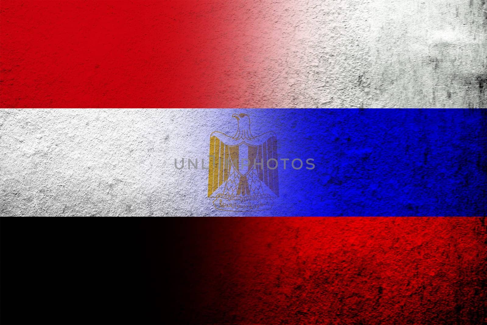 National flag of Russian Federation with The Arab Republic of Egypt National flag. Grunge background