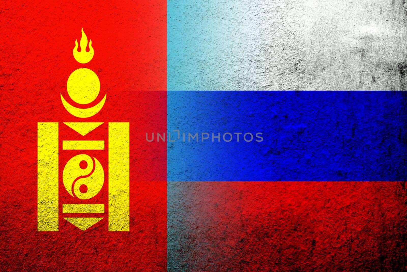 National flag of Russian Federation with National flag of Mongolia. Grunge background