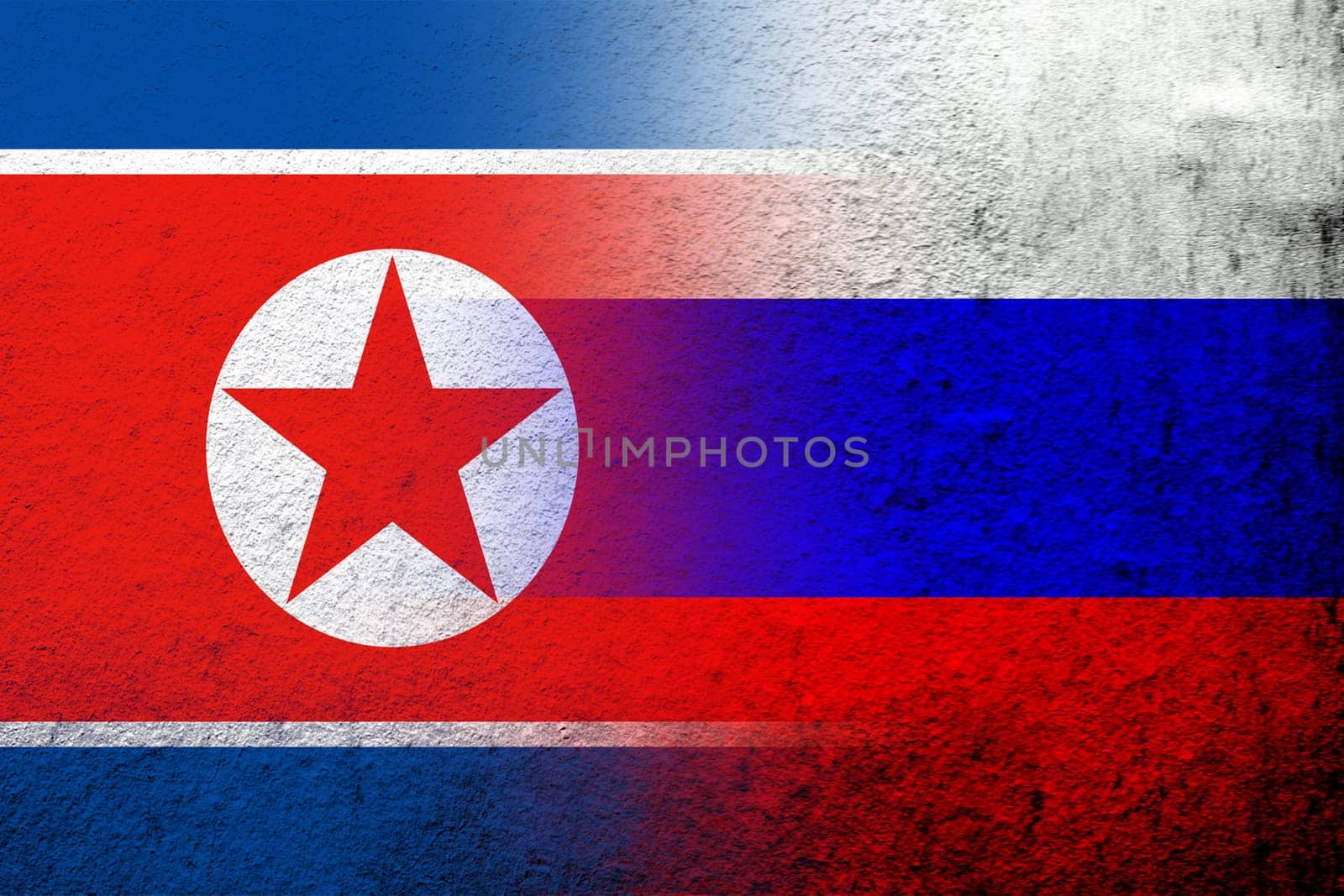 National flag of Russian Federation with The Democratic Peoples Republic of Korea North Korea National flag. Grunge background
