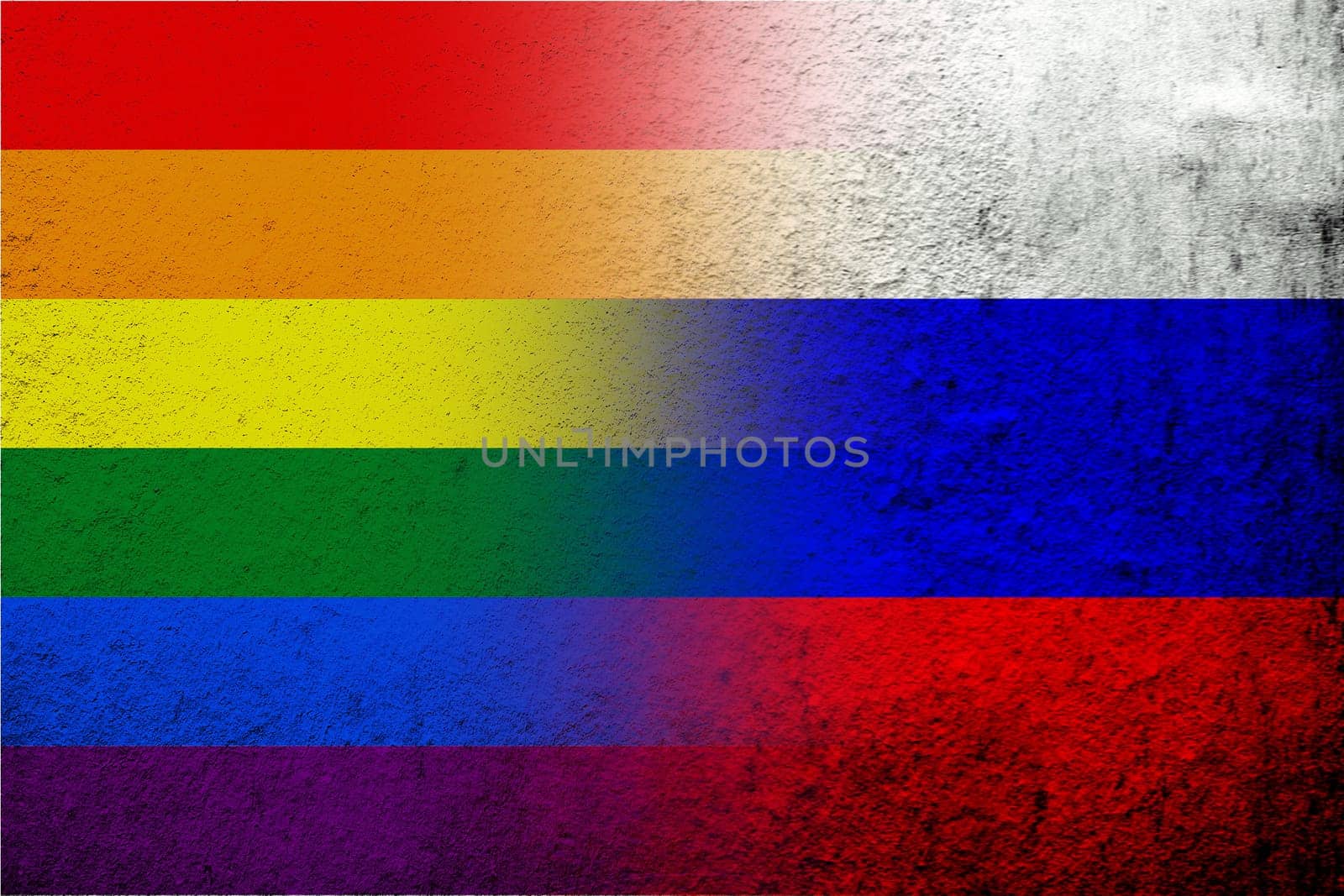 National flag of Russian Federation with Rainbow LGBT pride flag. Grunge background