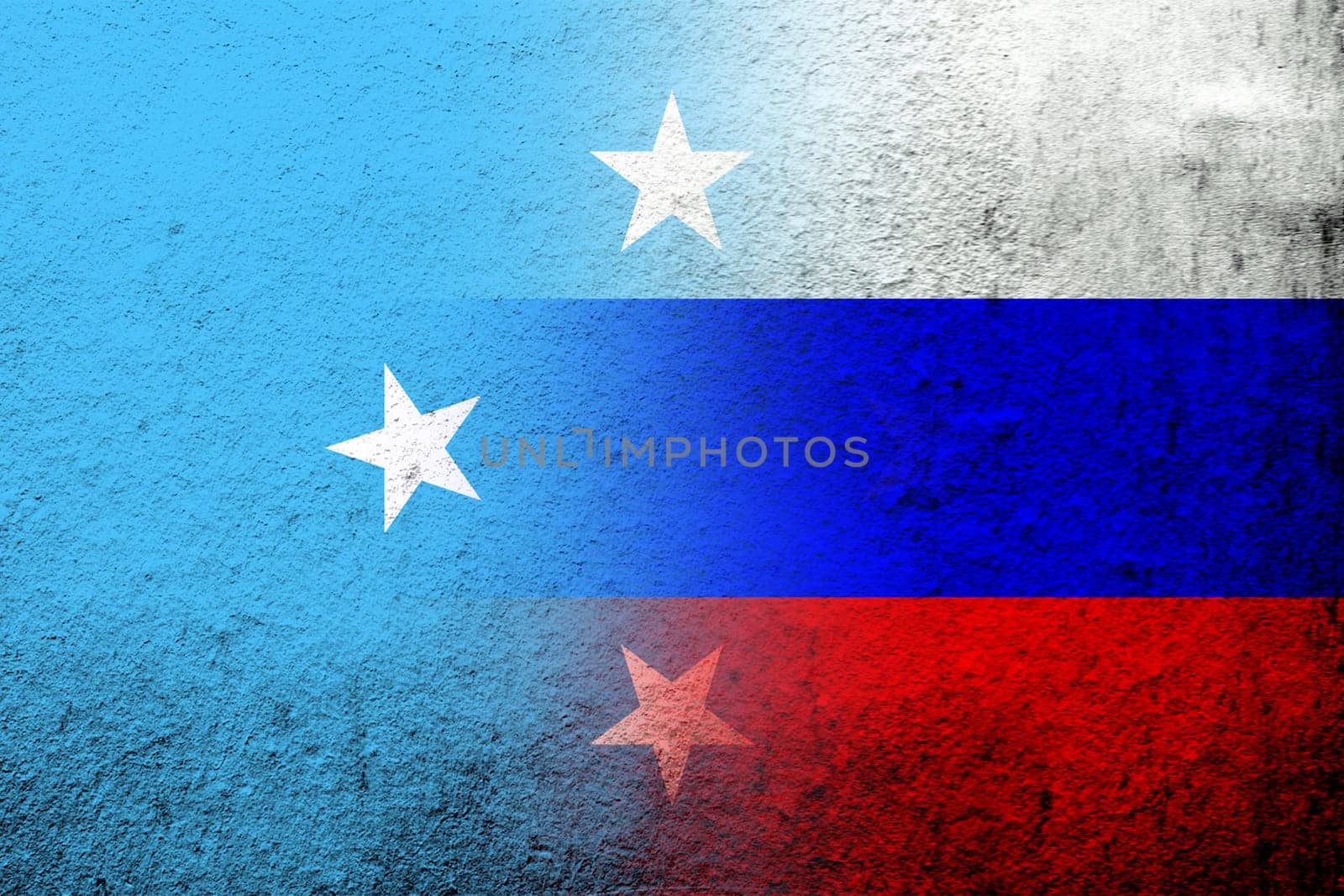 National flag of Russian Federation with States of Micronesia national flag. Grunge background