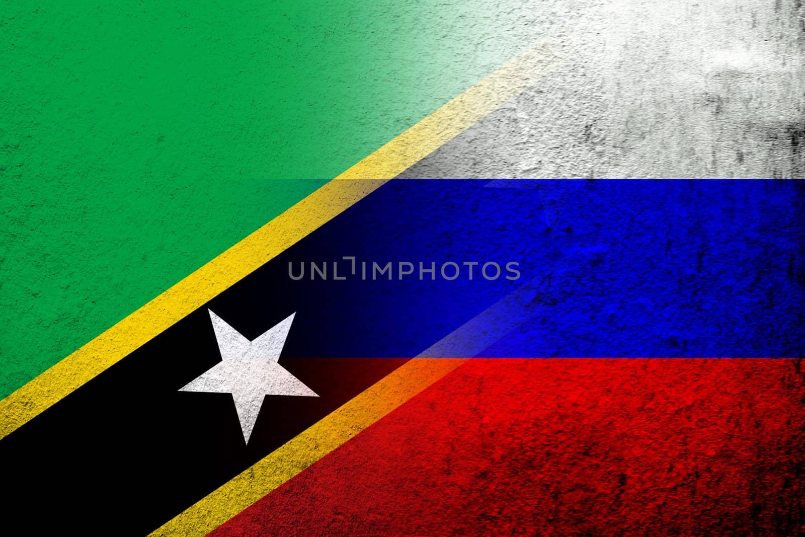 National flag of Russian Federation with The Federation of Saint Christopher and Nevis Saint Kitts and Nevis National flag. Grunge background