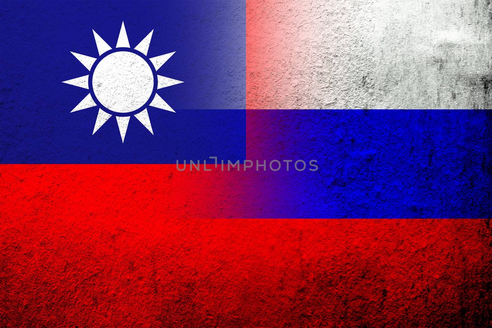 National flag of Russian Federation with Taiwan National flag. Grunge background