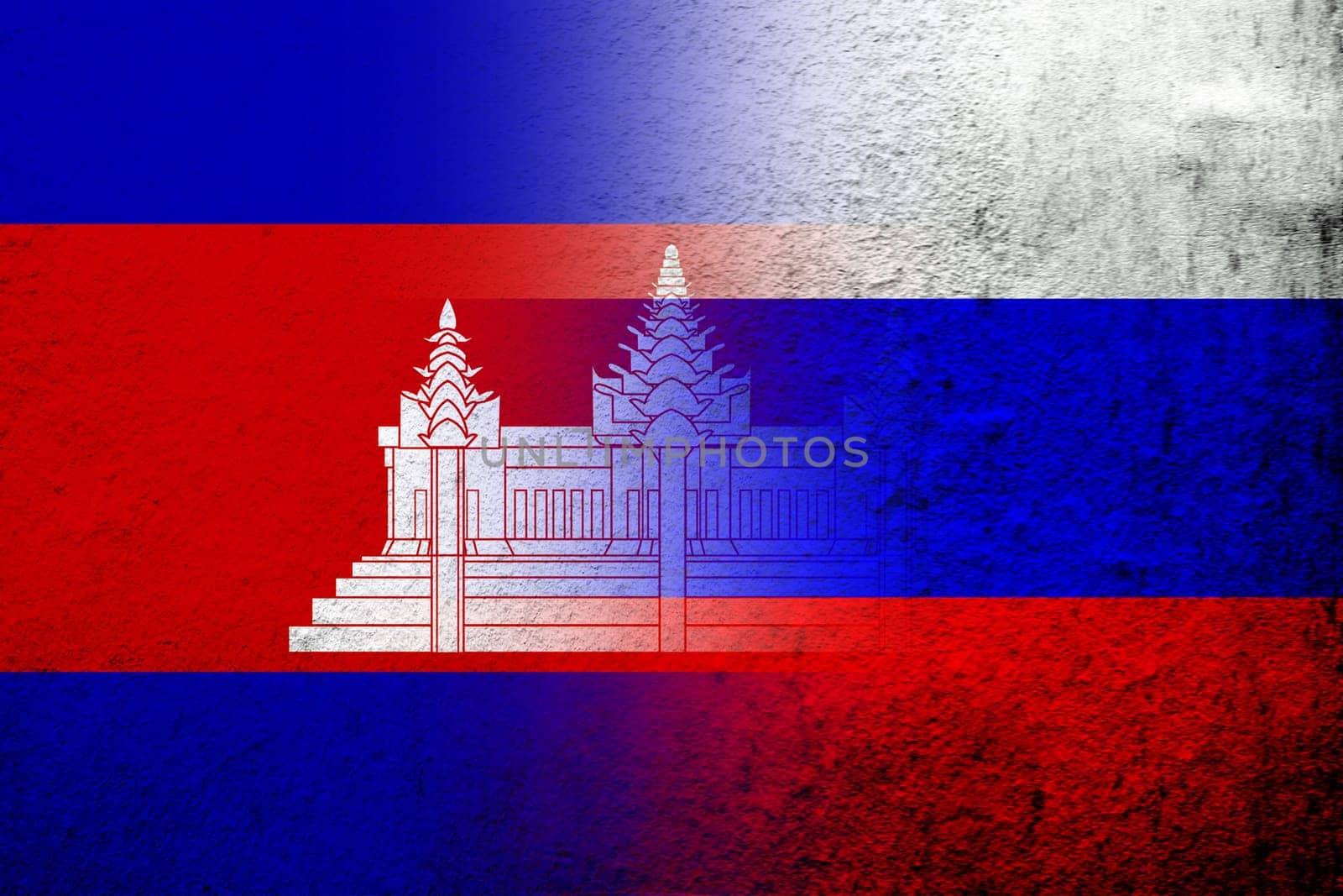 National flag of Russian Federation with The Kingdom of Cambodia National flag. Grunge background