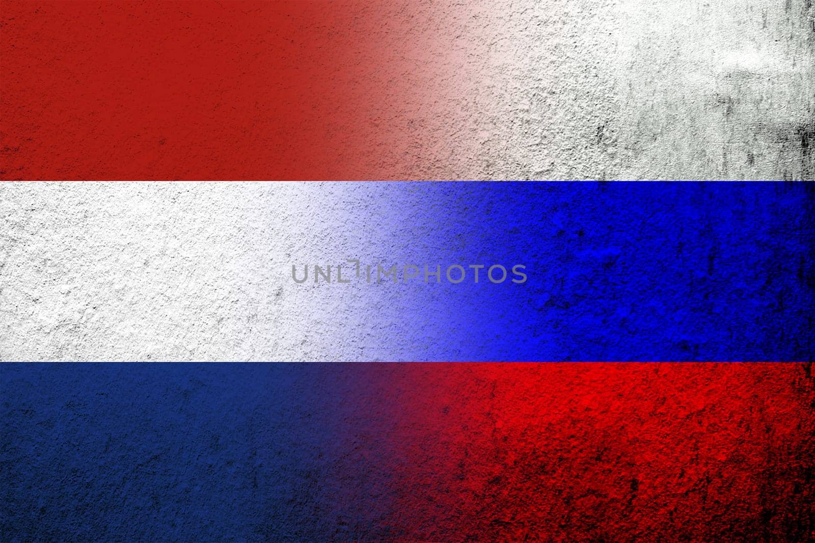 National flag of Russian Federation with The Kingdom of the Netherlands National flag. Grunge background