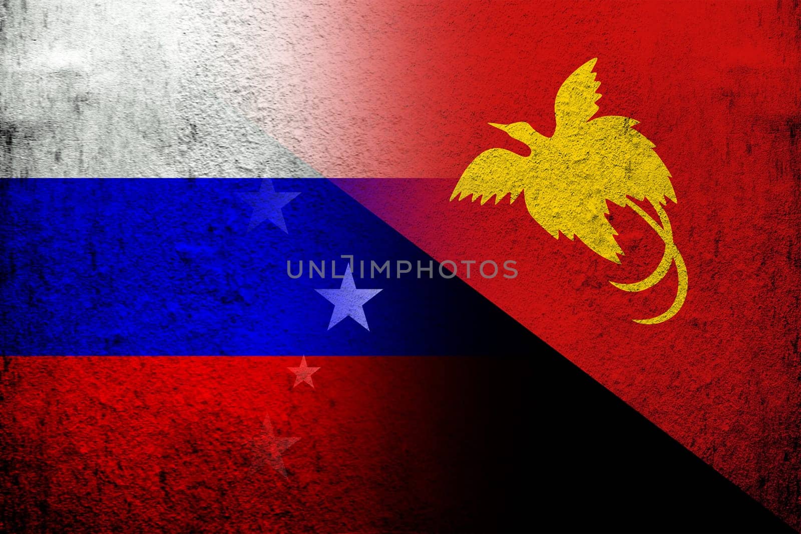 National flag of Russian Federation with The Independent State of Papua New Guinea National flag. Grunge background