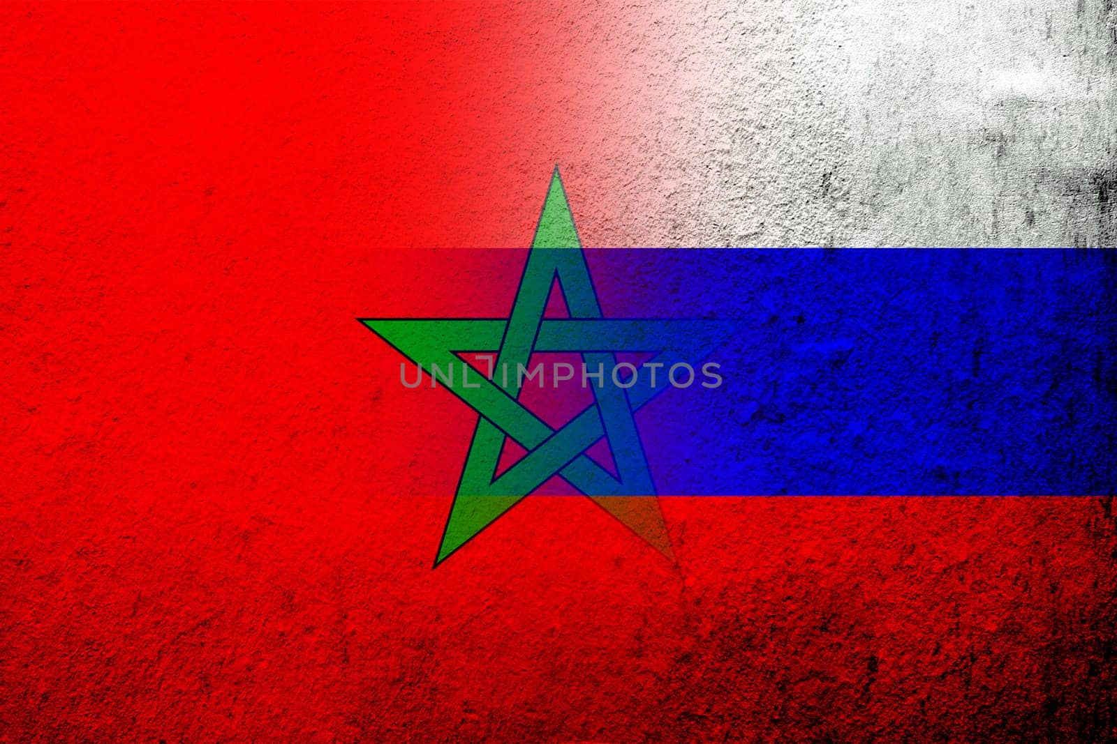 National flag of Russian Federation with The Kingdom of Morocco National flag. Grunge background