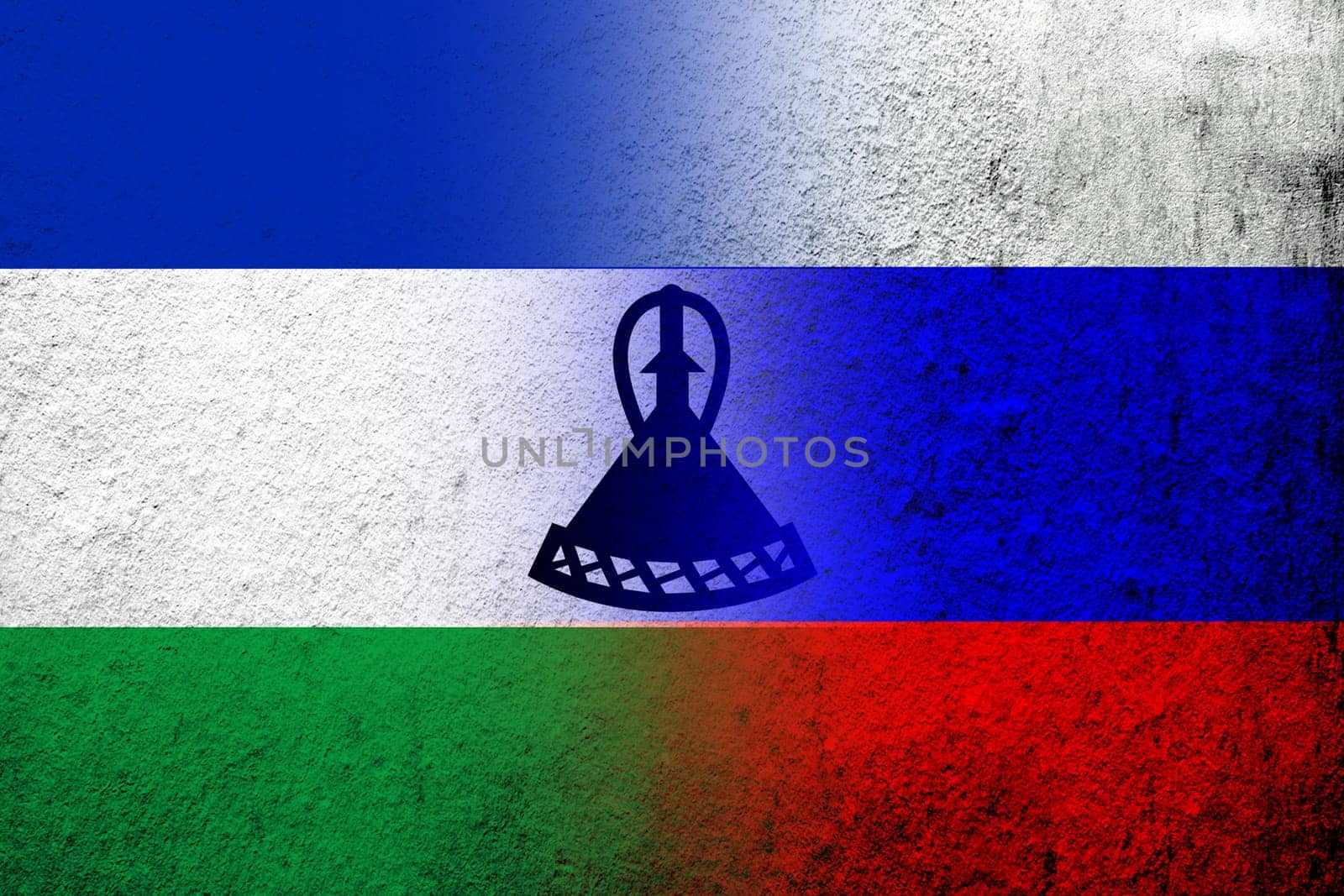 National flag of Russian Federation with The Kingdom of Lesotho National flag. Grunge background