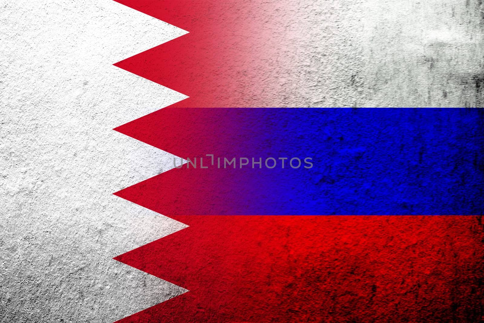 National flag of Russian Federation with The Kingdom of Bahrain national flag. Grunge background