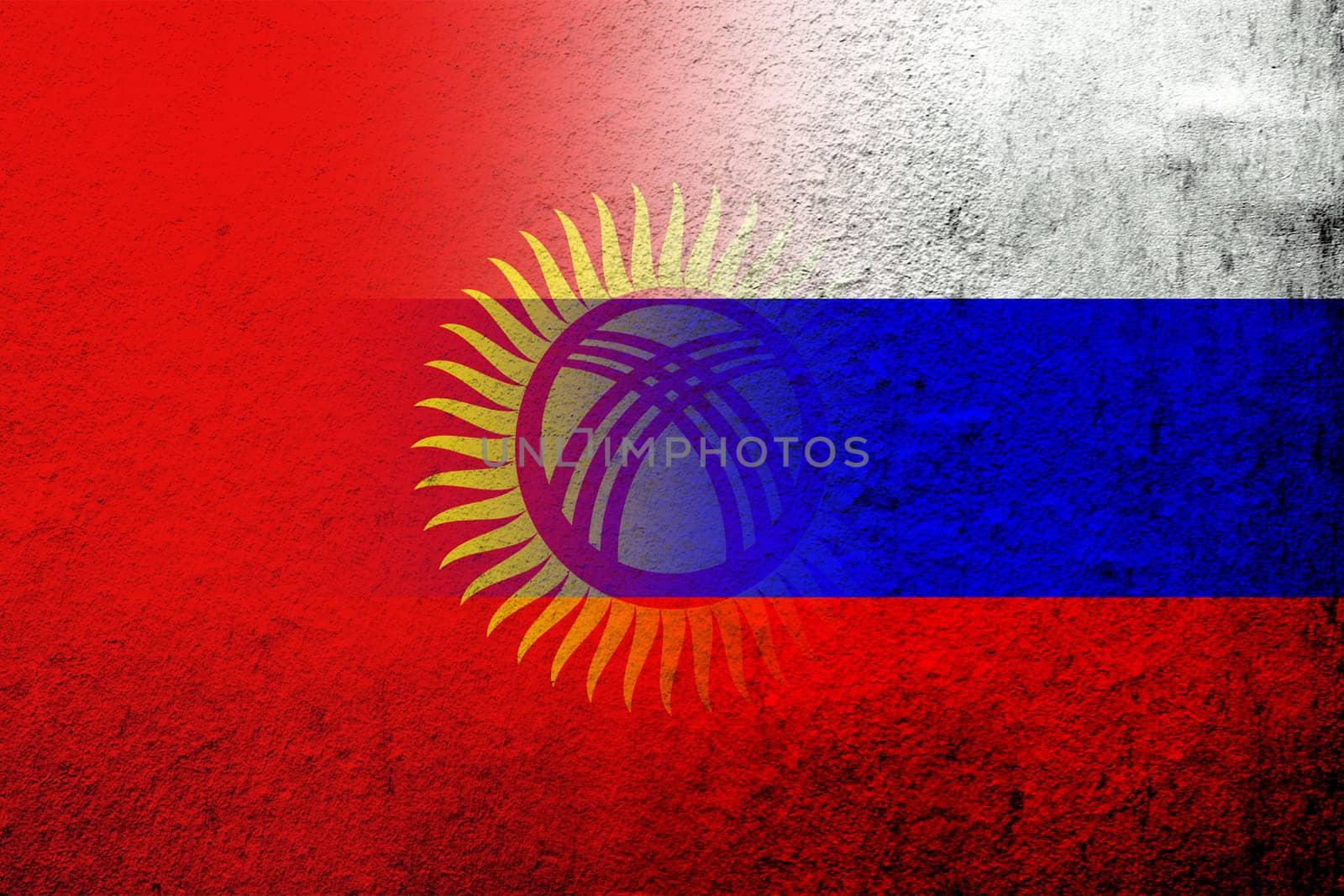 National flag of Russian Federation with The Kyrgyz Republic Kyrgyzstan National flag. Grunge background