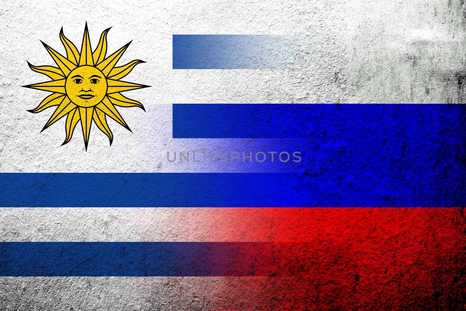 National flag of Russian Federation with The Oriental Republic of the Uruguay National flag. Grunge background