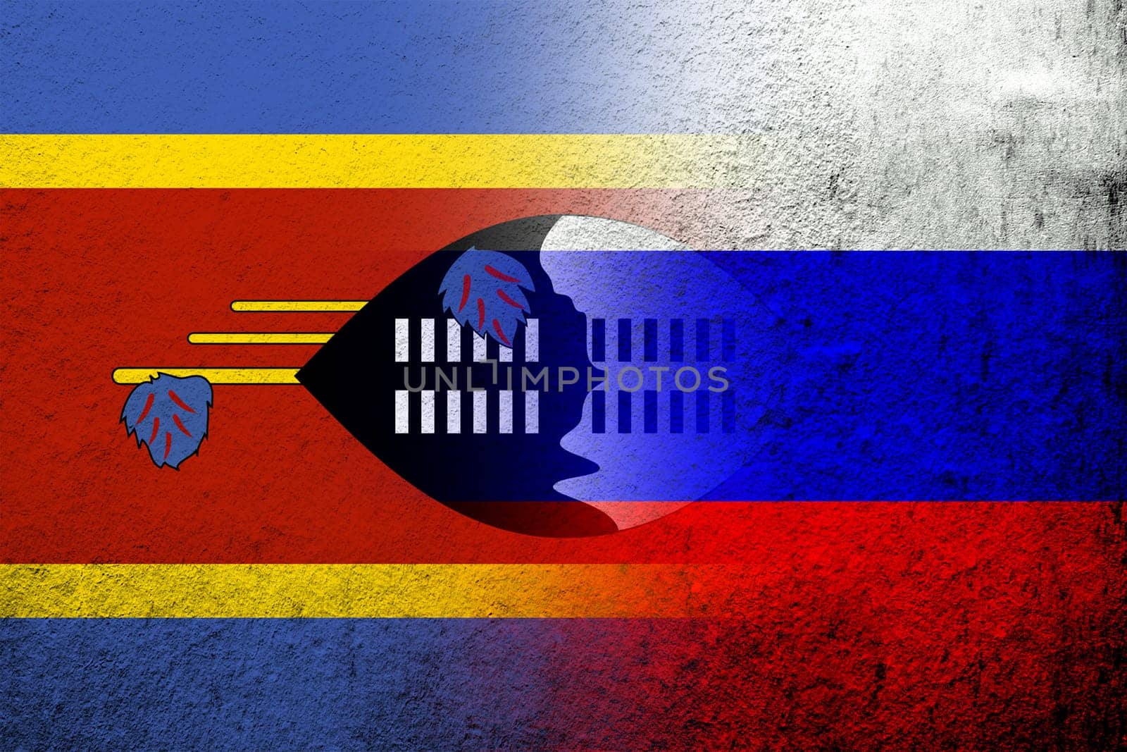 National flag of Russian Federation with The Kingdom of Eswatini Swaziland National flag. Grunge background
