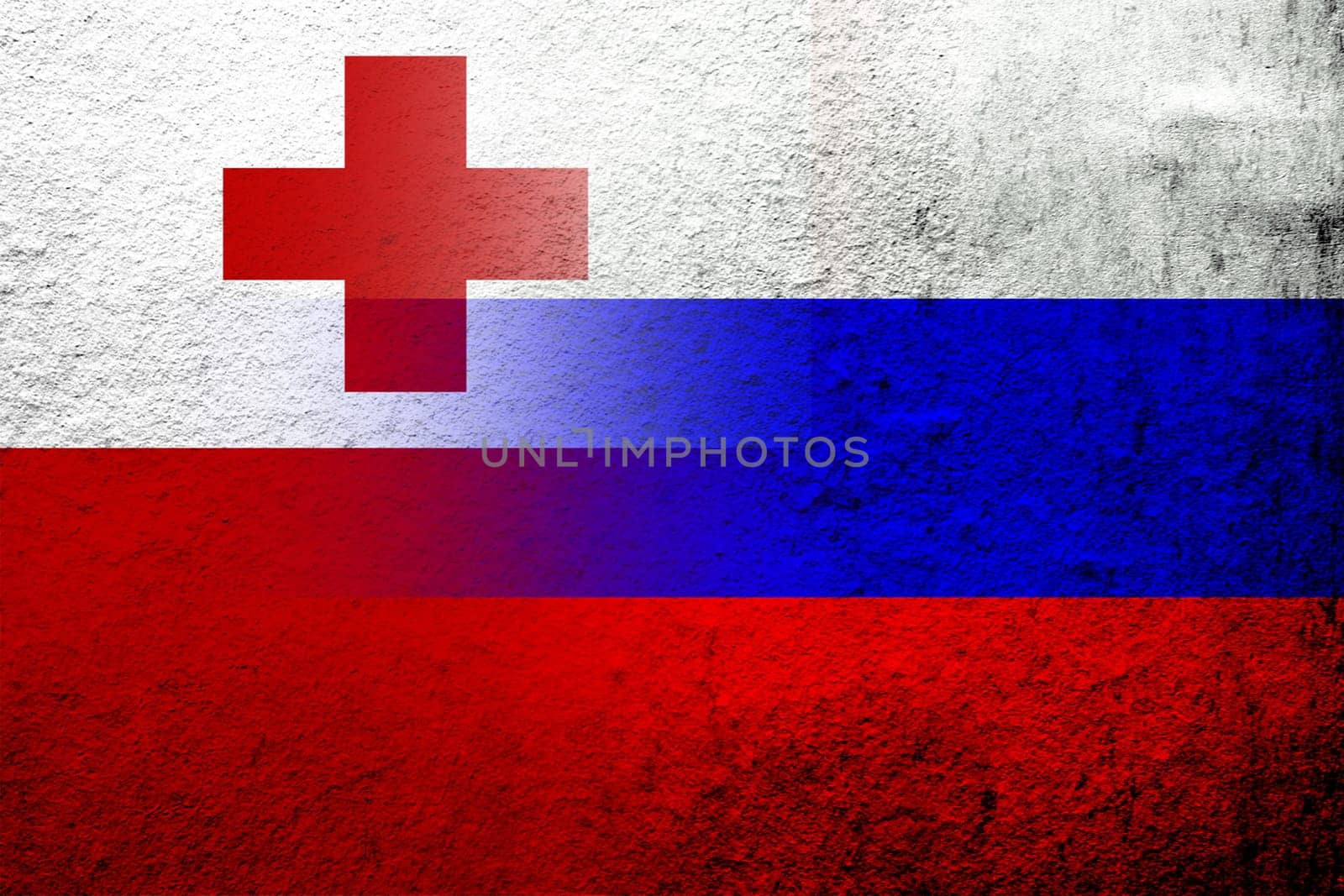 National flag of Russian Federation with The Kingdom of Tonga National flag. Grunge background