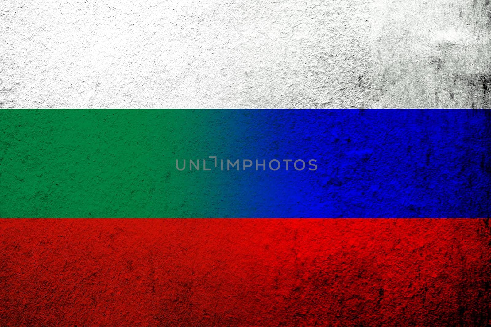 National flag of Russian Federation with The Republic of Bulgaria National flag. Grunge background