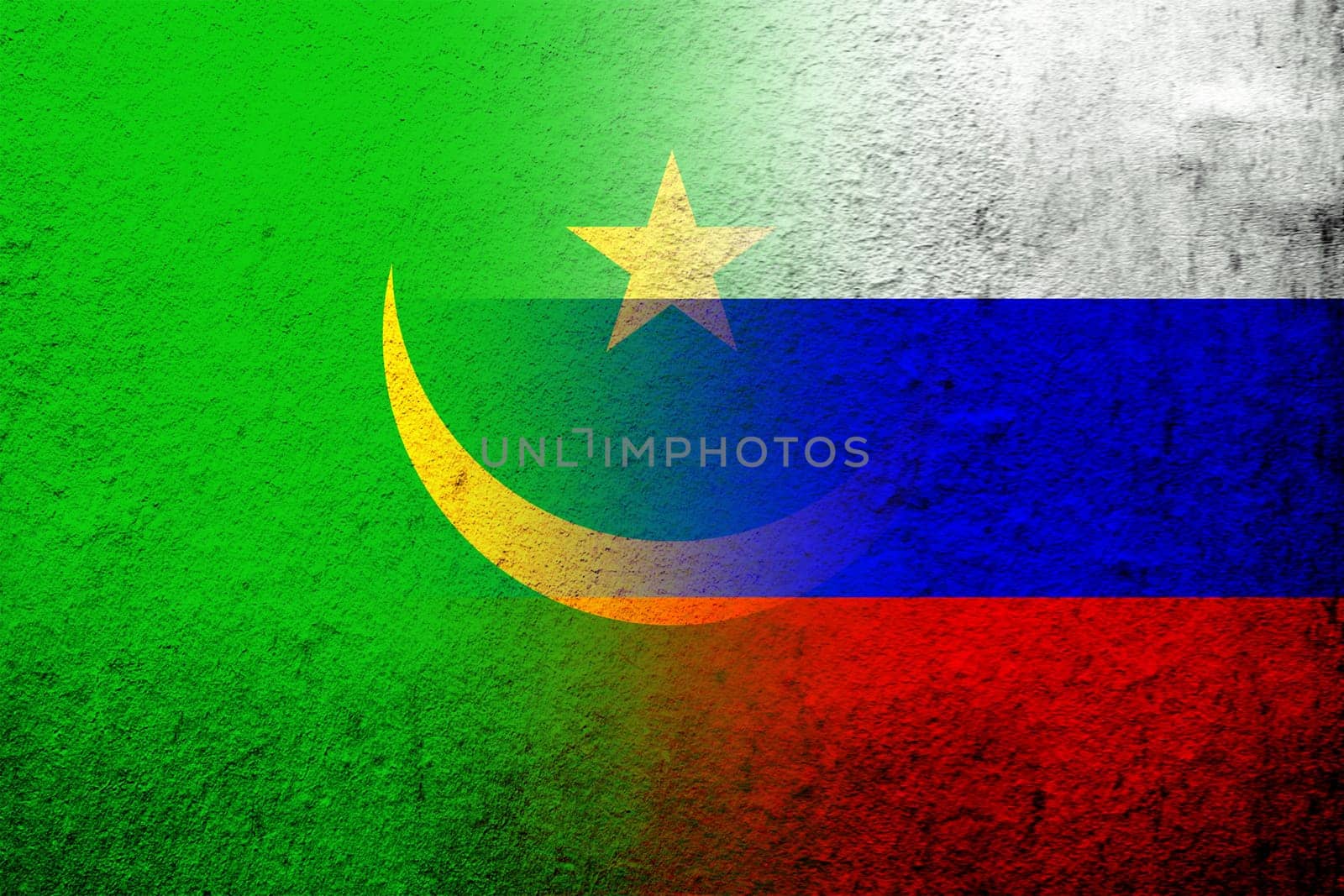 National flag of Russian Federation with the Islamic Republic of Mauritania National flag. Grunge background