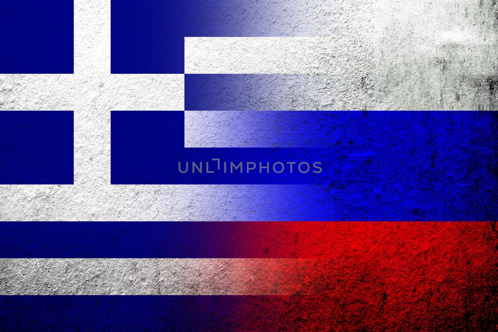 National flag of Russian Federation with National flag of Greece. Grunge background