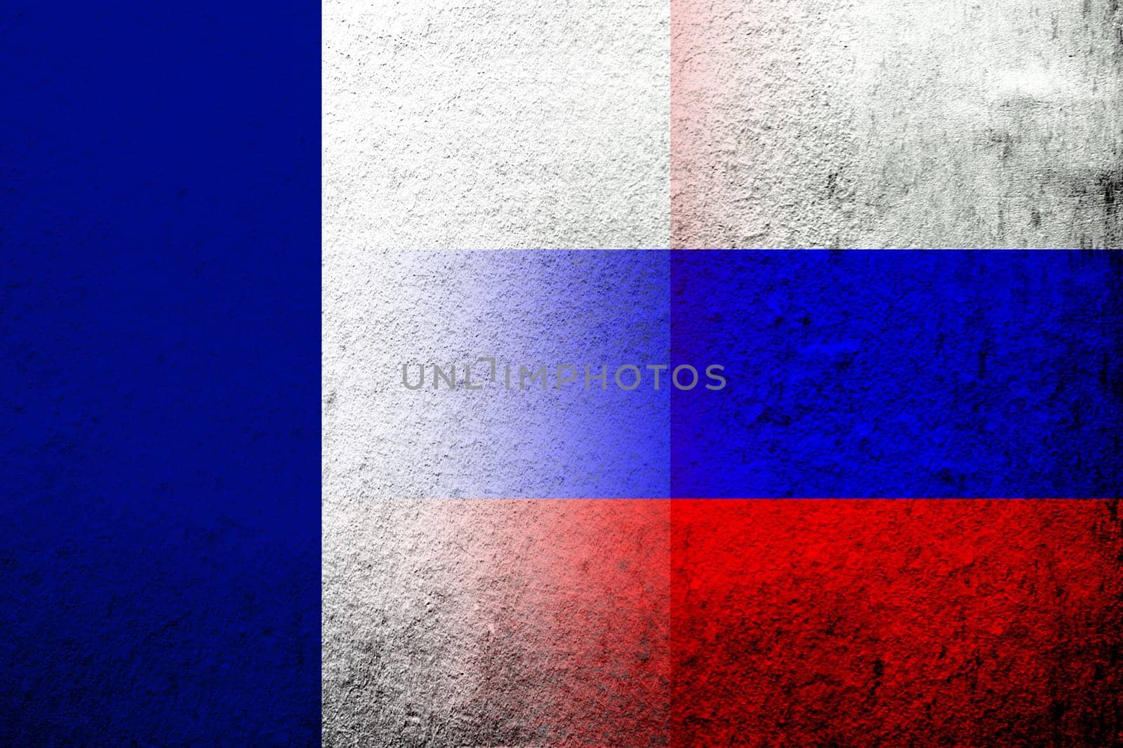 National flag of Russian Federation with The national flag of France . Grunge background